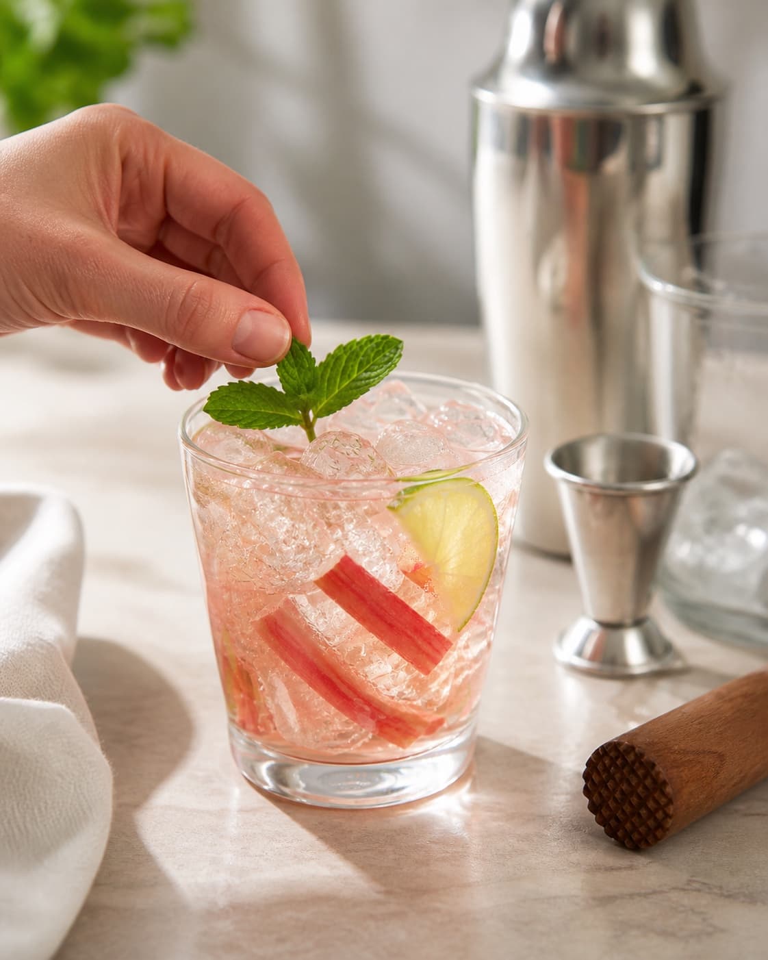 One single photorealistic instructional frame of the completed drink in clean chilled glasses with restrained garnish for Rabarber Mojito, featuring rabarber, hvid rom, lime, with only the named equipment and no unrelated food, text, logos or packaging under tilberedningen af rabarber mojito