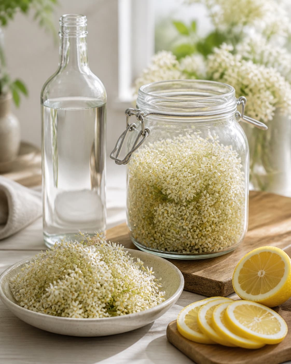 One single photorealistic instructional frame of clean flowers and citrus slices prepared separately for Hyldeblomst vodka, featuring vodka, hyldeblomstskærme, økologisk citron, with only the named equipment and no unrelated food, text, logos or packaging under tilberedningen af hyldeblomst vodka
