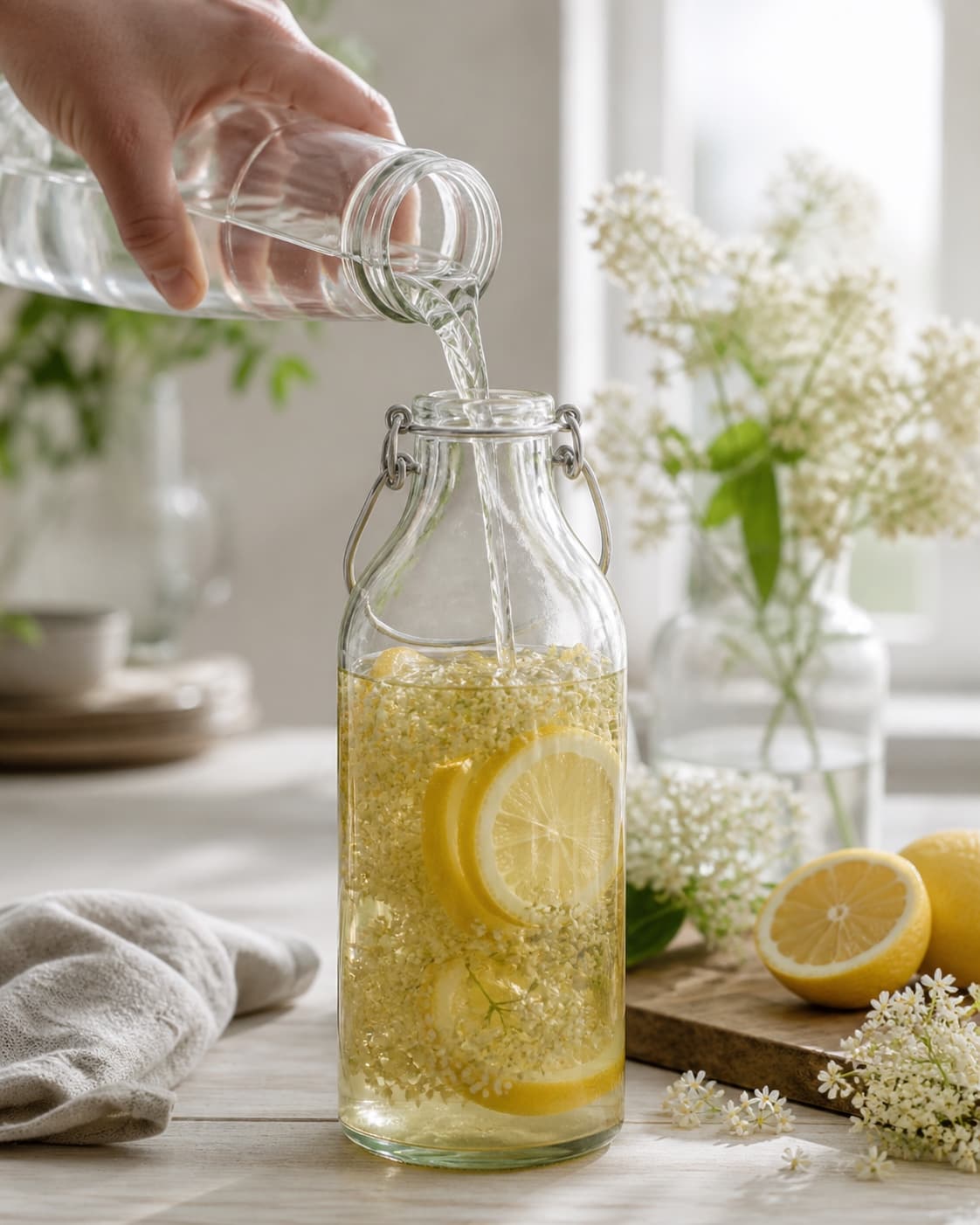 One single photorealistic instructional frame of flowers and citrus submerged in spirit in one clean jar for Hyldeblomst vodka, featuring vodka, hyldeblomstskærme, økologisk citron, with only the named equipment and no unrelated food, text, logos or packaging under tilberedningen af hyldeblomst vodka
