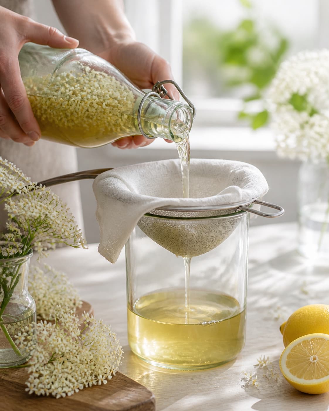 One single photorealistic instructional frame of the golden infusion being strained through cloth for Hyldeblomst vodka, featuring vodka, hyldeblomstskærme, økologisk citron, with only the named equipment and no unrelated food, text, logos or packaging under tilberedningen af hyldeblomst vodka