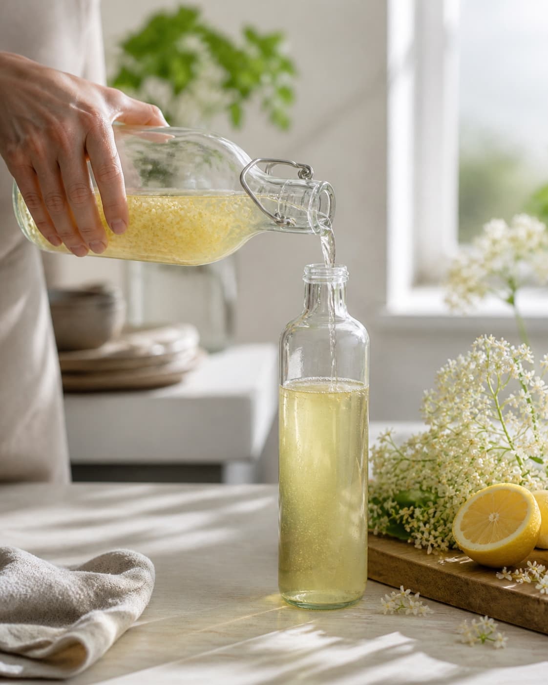 One single photorealistic instructional frame of the clear finished infusion transferred into one unlabelled bottle for Hyldeblomst vodka, featuring vodka, hyldeblomstskærme, økologisk citron, with only the named equipment and no unrelated food, text, logos or packaging under tilberedningen af hyldeblomst vodka
