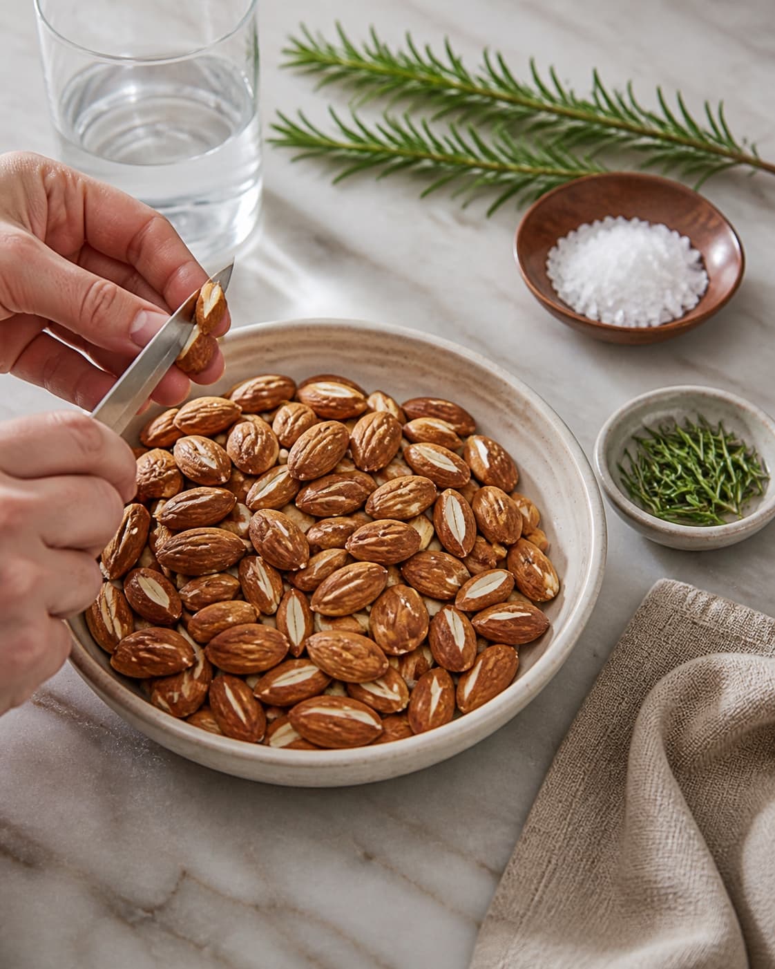One single photorealistic instructional frame of the main ingredient trimmed cut and dried before roasting for Saltmandler med rosmarin, featuring mandler, groft salt, frisk rosmarin, with only the named equipment and no unrelated food, text, logos or packaging under tilberedningen af saltmandler med rosmarin