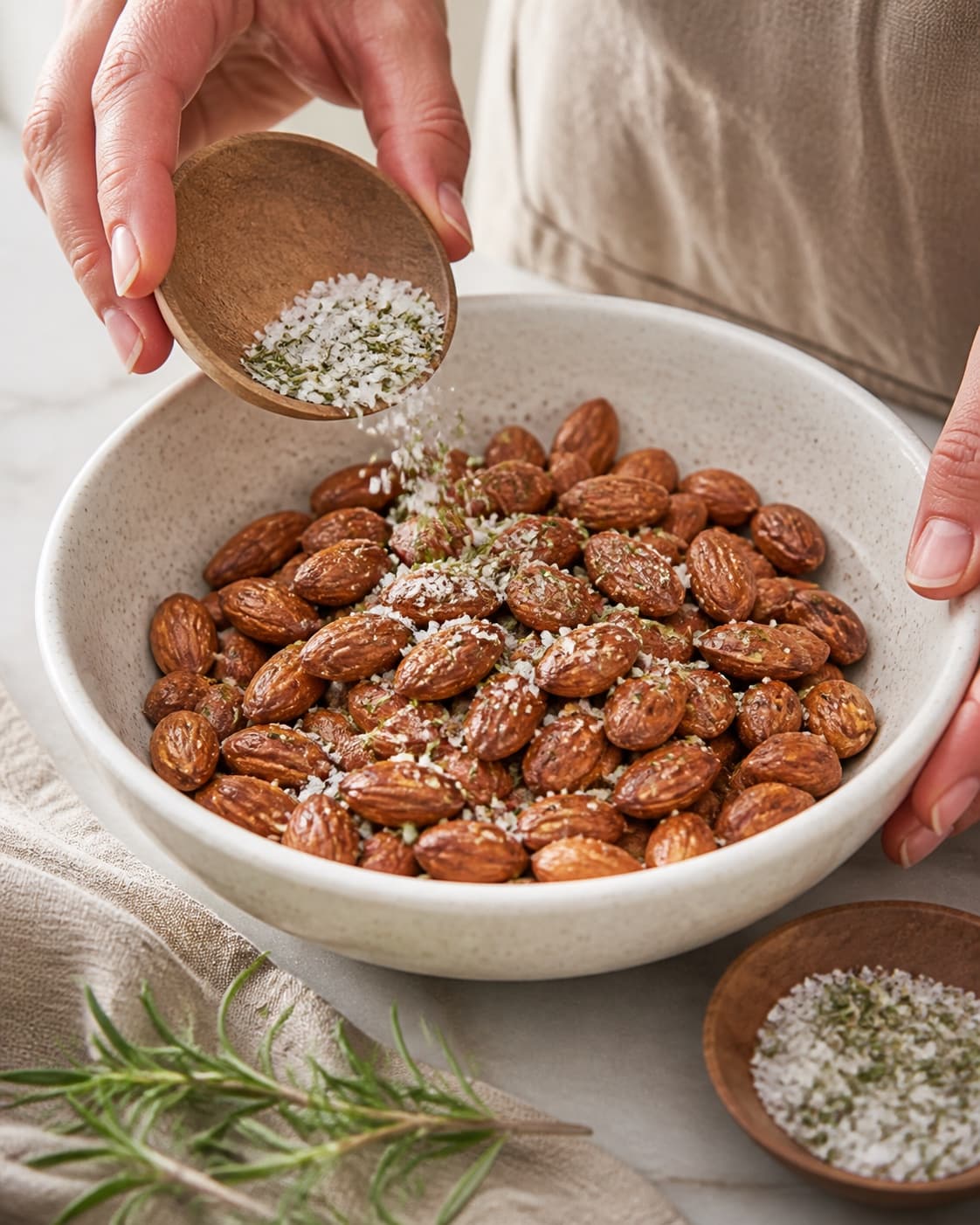 One single photorealistic instructional frame of the main ingredient being evenly coated with seasoning for Saltmandler med rosmarin, featuring mandler, groft salt, frisk rosmarin, with only the named equipment and no unrelated food, text, logos or packaging under tilberedningen af saltmandler med rosmarin