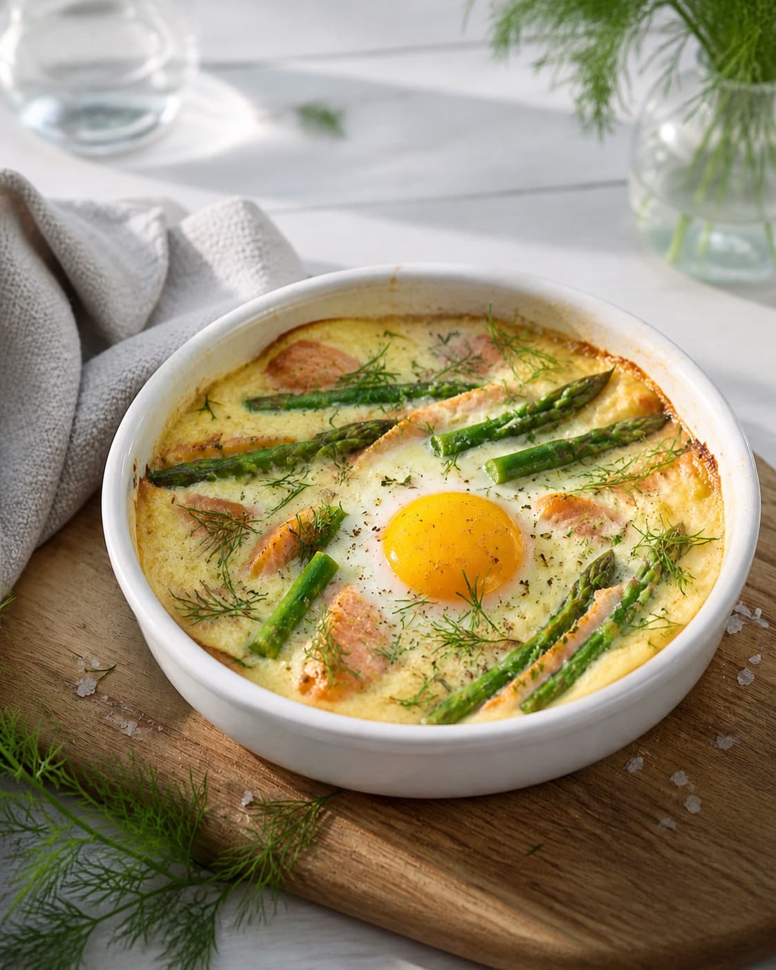 One single photorealistic instructional frame of the finished egg dish resting before serving for Æg bagt med laks og asparges, featuring æg, varmrøget laks, grønne asparges, with only the named equipment and no unrelated food, text, logos or packaging under tilberedningen af æg bagt med laks og asparges