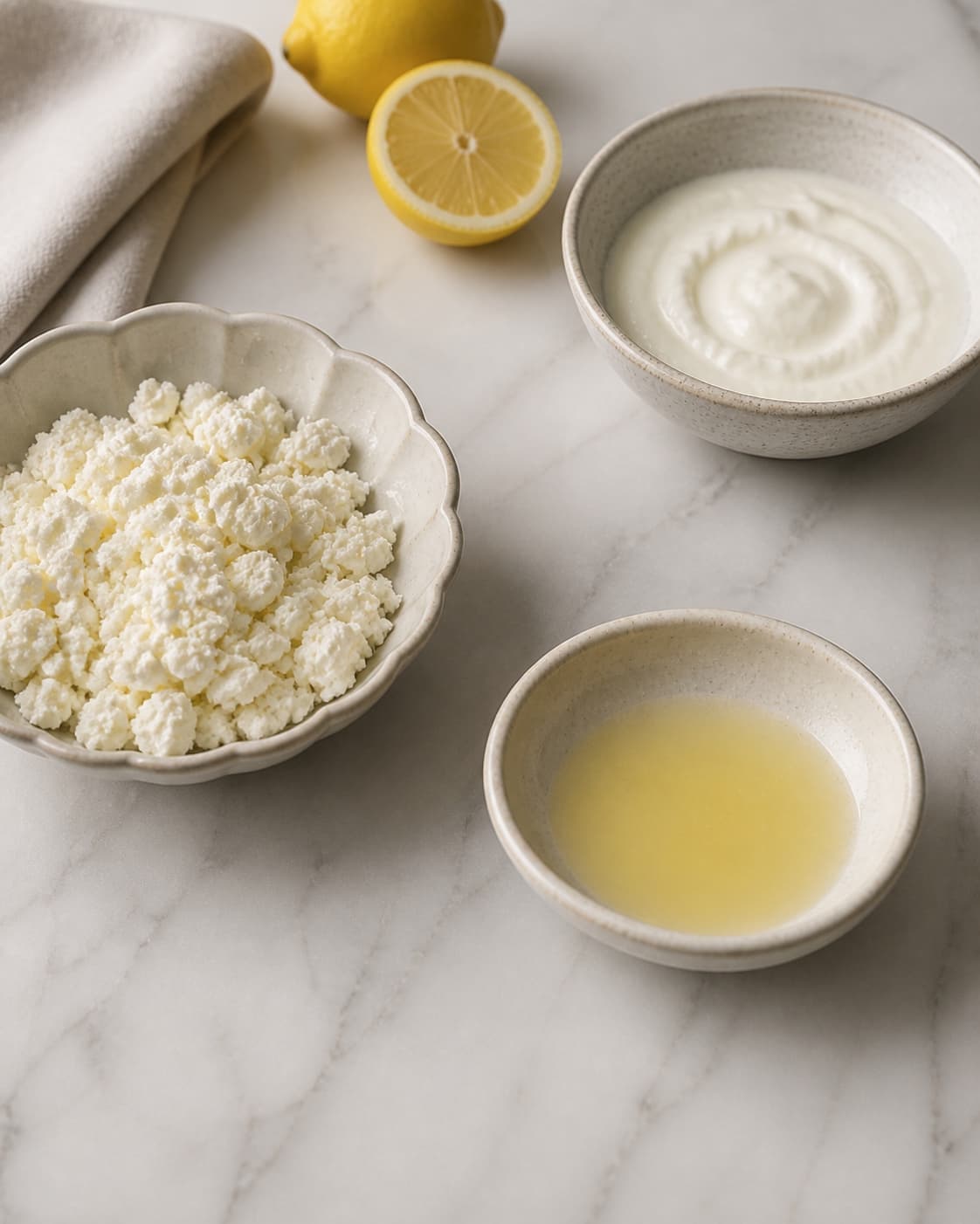 One single photorealistic instructional frame of the dip ingredients measured in separate small bowls for Fetadip, featuring feta, græsk yoghurt, citron, with only the named equipment and no unrelated food, text, logos or packaging under tilberedningen af fetadip
