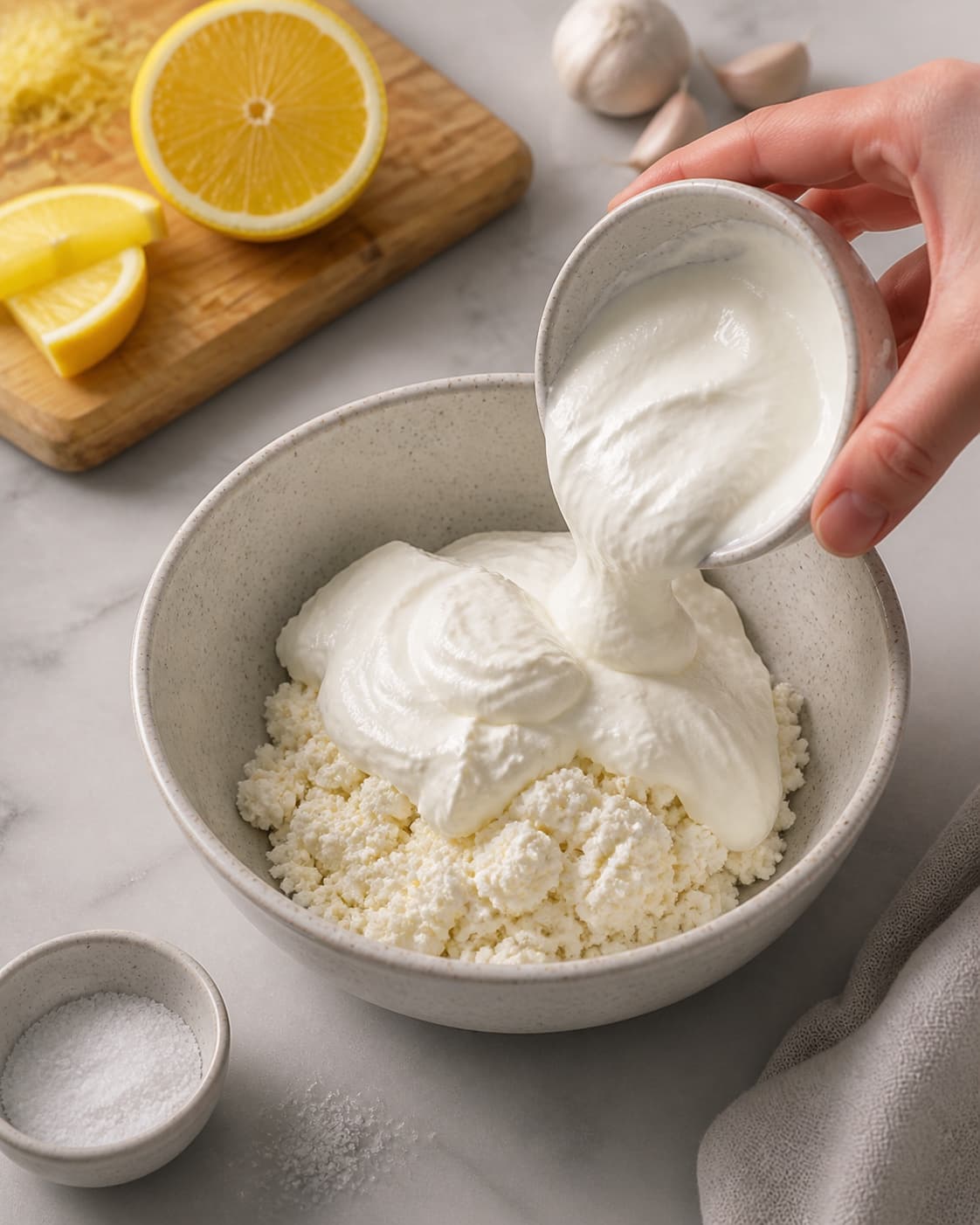 One single photorealistic instructional frame of the recipe-specific flavor elements being prepared for Fetadip, featuring feta, græsk yoghurt, citron, with only the named equipment and no unrelated food, text, logos or packaging under tilberedningen af fetadip