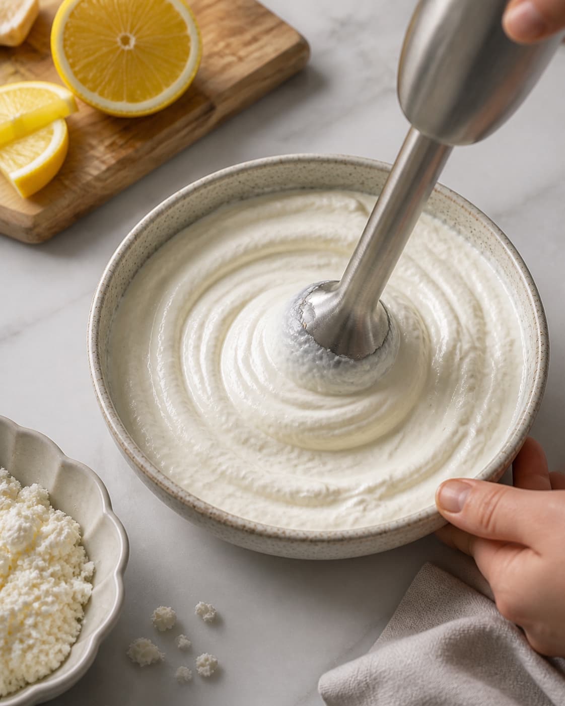 One single photorealistic instructional frame of the dip blending into a smooth cohesive texture for Fetadip, featuring feta, græsk yoghurt, citron, with only the named equipment and no unrelated food, text, logos or packaging under tilberedningen af fetadip