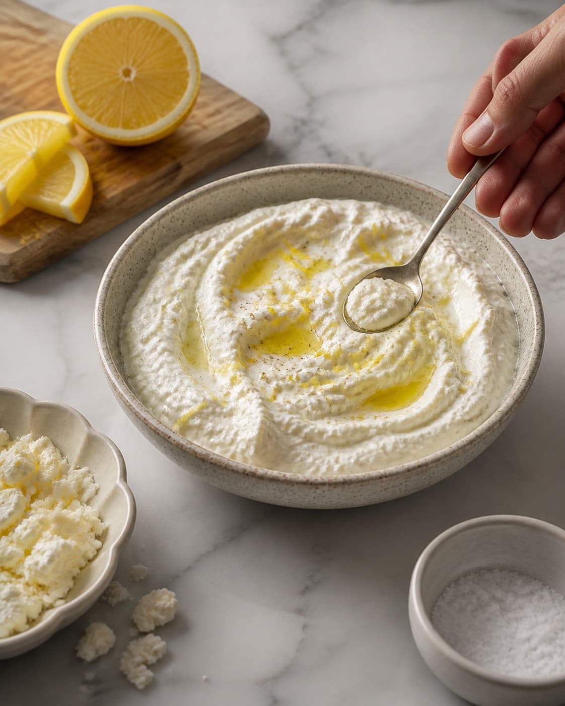 One single photorealistic instructional frame of one bowl of finished dip being tasted and adjusted for Fetadip, featuring feta, græsk yoghurt, citron, with only the named equipment and no unrelated food, text, logos or packaging under tilberedningen af fetadip
