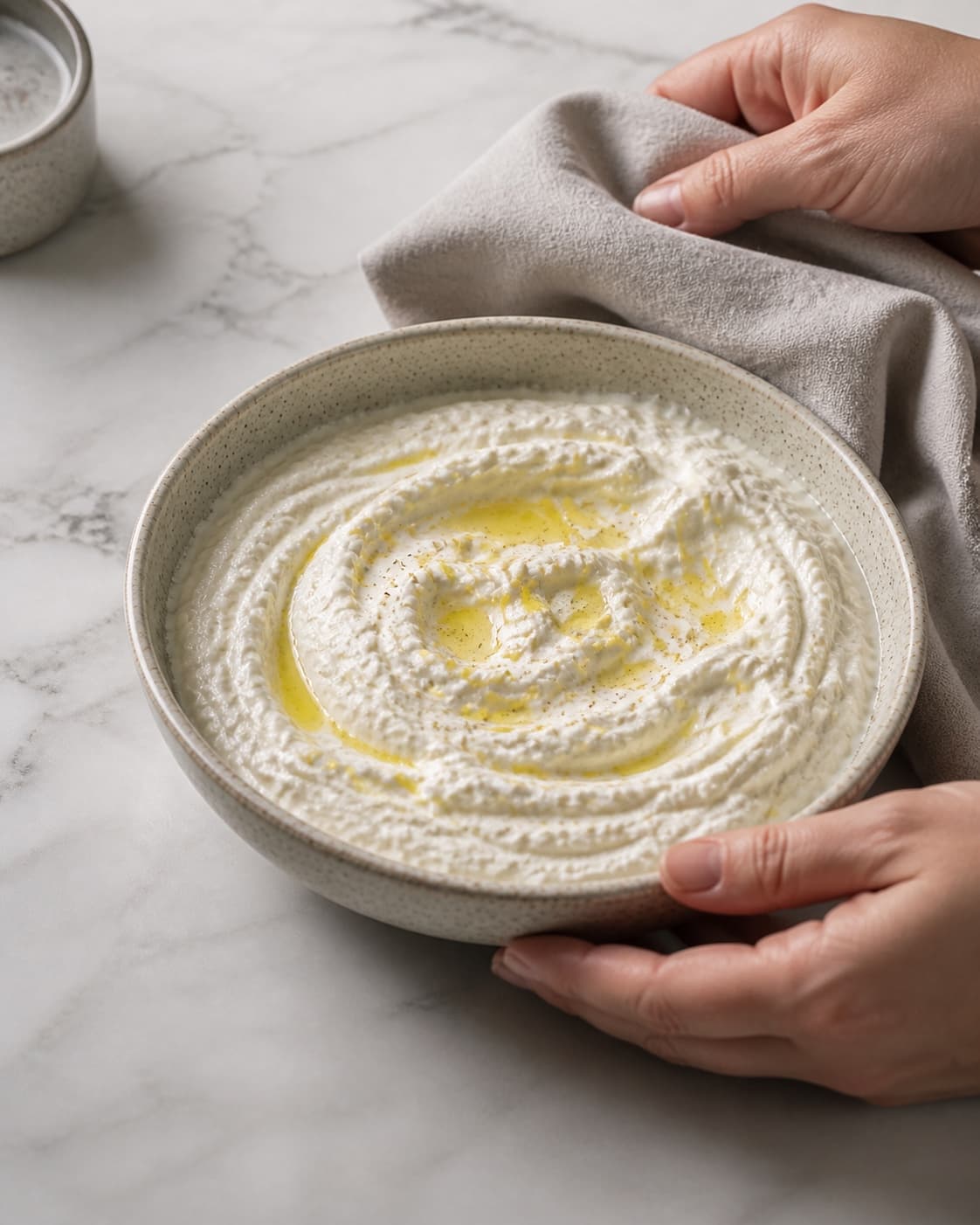 One single photorealistic instructional frame of the completed dip in one clean bowl after chilling for Fetadip, featuring feta, græsk yoghurt, citron, with only the named equipment and no unrelated food, text, logos or packaging under tilberedningen af fetadip