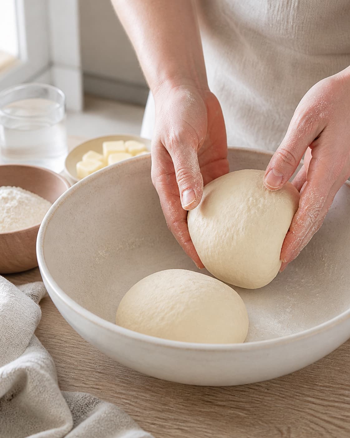 One single photorealistic instructional frame of a cohesive pastry dough being mixed in one bowl for Pirogger med oksekød og grøntsager, featuring hvedemel, smør, hakket oksekød, with only the named equipment and no unrelated food, text, logos or packaging under tilberedningen af pirogger med oksekød og grøntsager