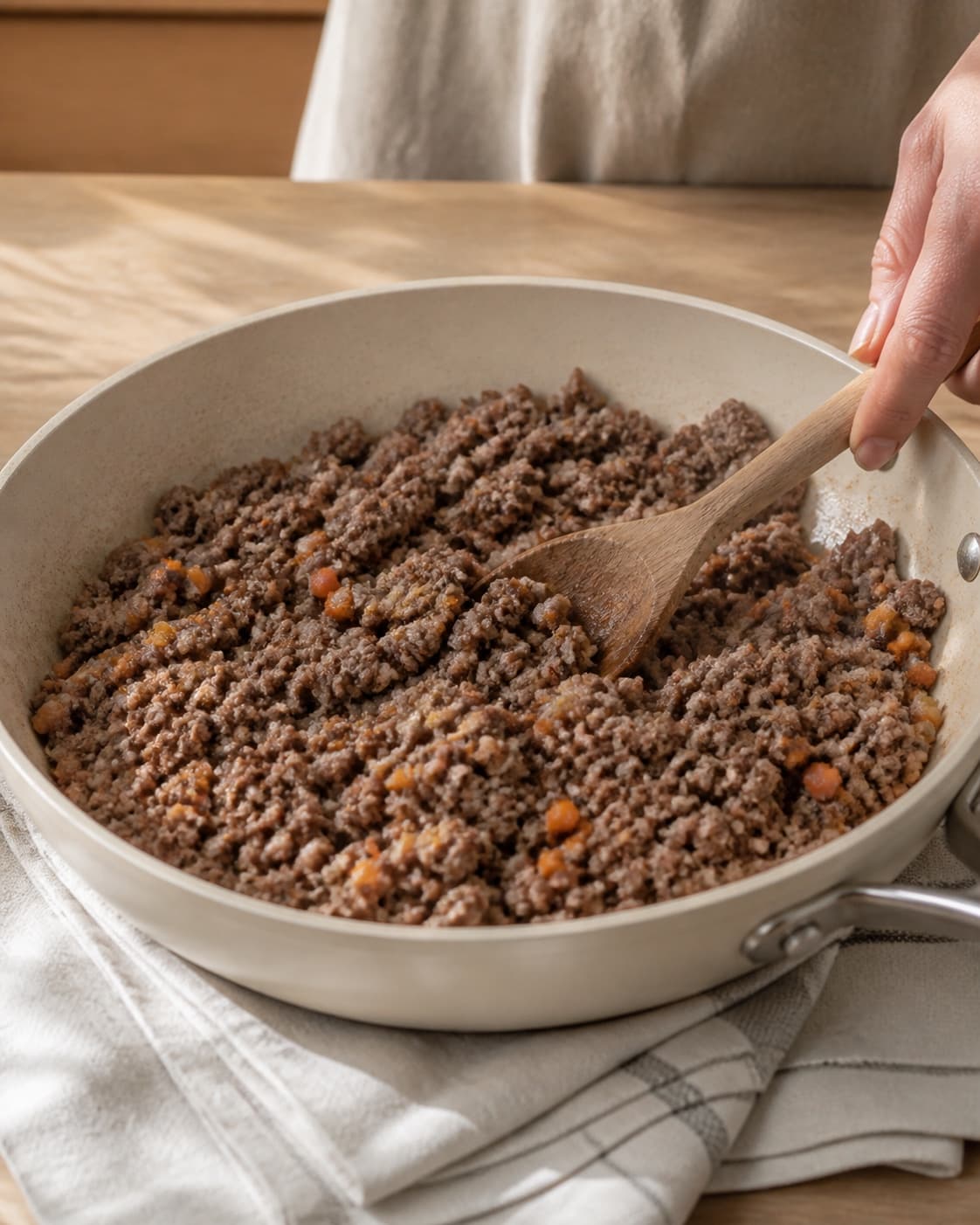 One single photorealistic instructional frame of the recipe-specific filling cooked in one pan for Pirogger med oksekød og grøntsager, featuring hvedemel, smør, hakket oksekød, with only the named equipment and no unrelated food, text, logos or packaging under tilberedningen af pirogger med oksekød og grøntsager