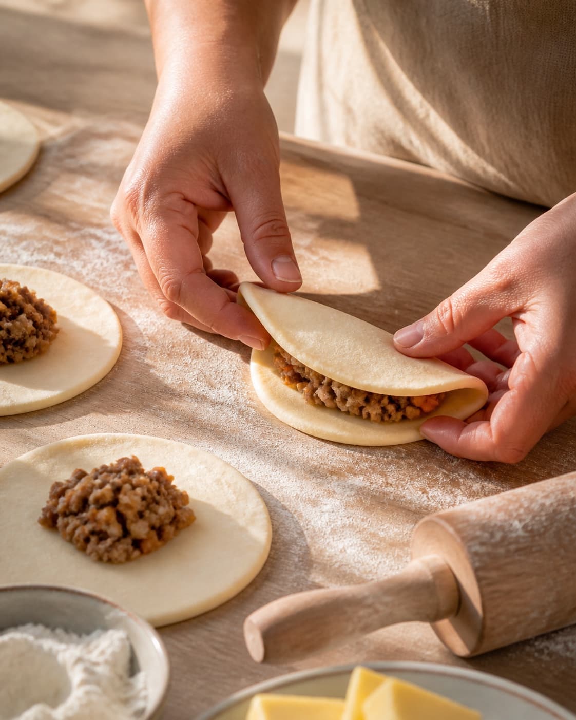 One single photorealistic instructional frame of pastry being rolled filled and sealed by realistic hands for Pirogger med oksekød og grøntsager, featuring hvedemel, smør, hakket oksekød, with only the named equipment and no unrelated food, text, logos or packaging under tilberedningen af pirogger med oksekød og grøntsager