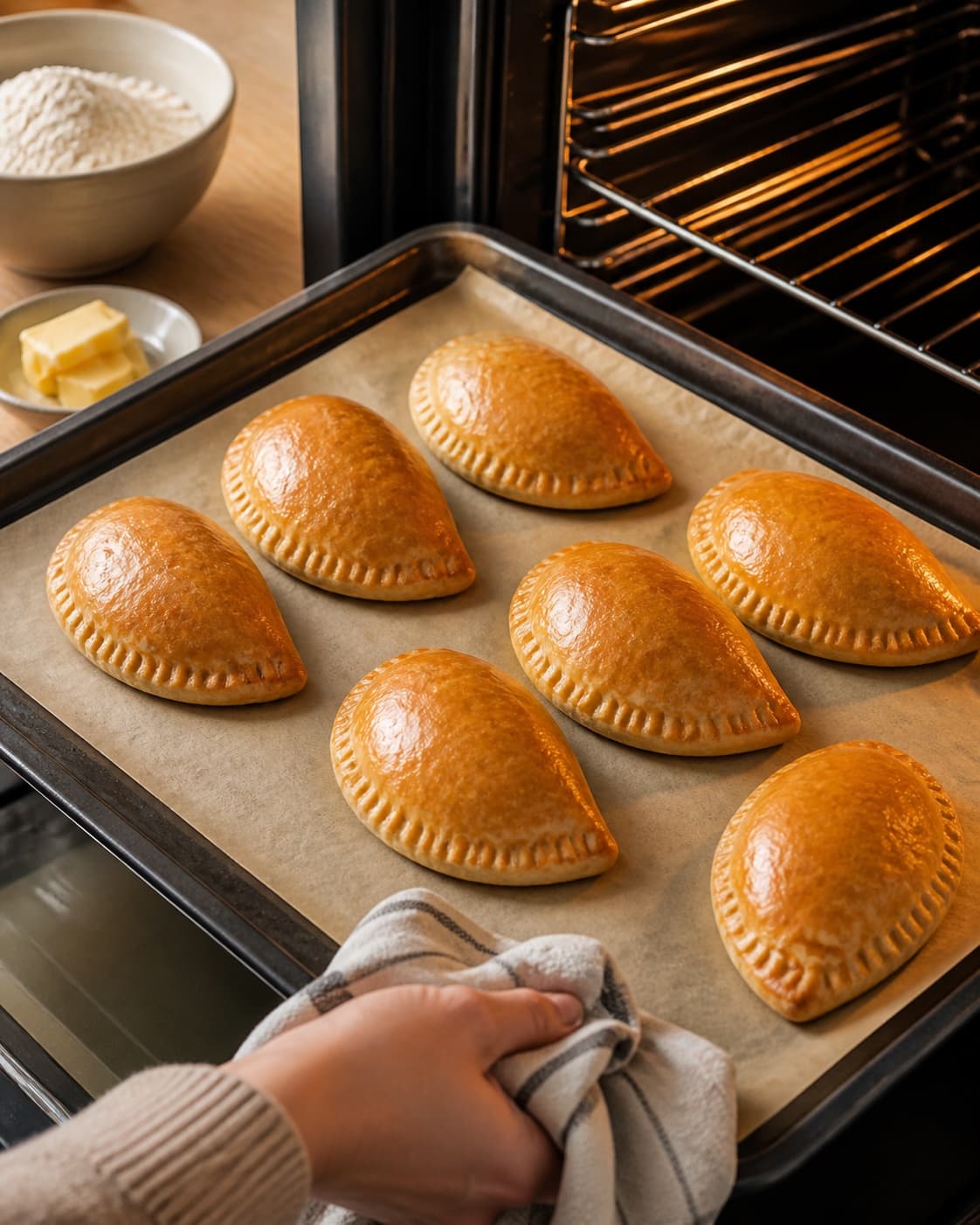 One single photorealistic instructional frame of golden filled pastries baking on one tray for Pirogger med oksekød og grøntsager, featuring hvedemel, smør, hakket oksekød, with only the named equipment and no unrelated food, text, logos or packaging under tilberedningen af pirogger med oksekød og grøntsager