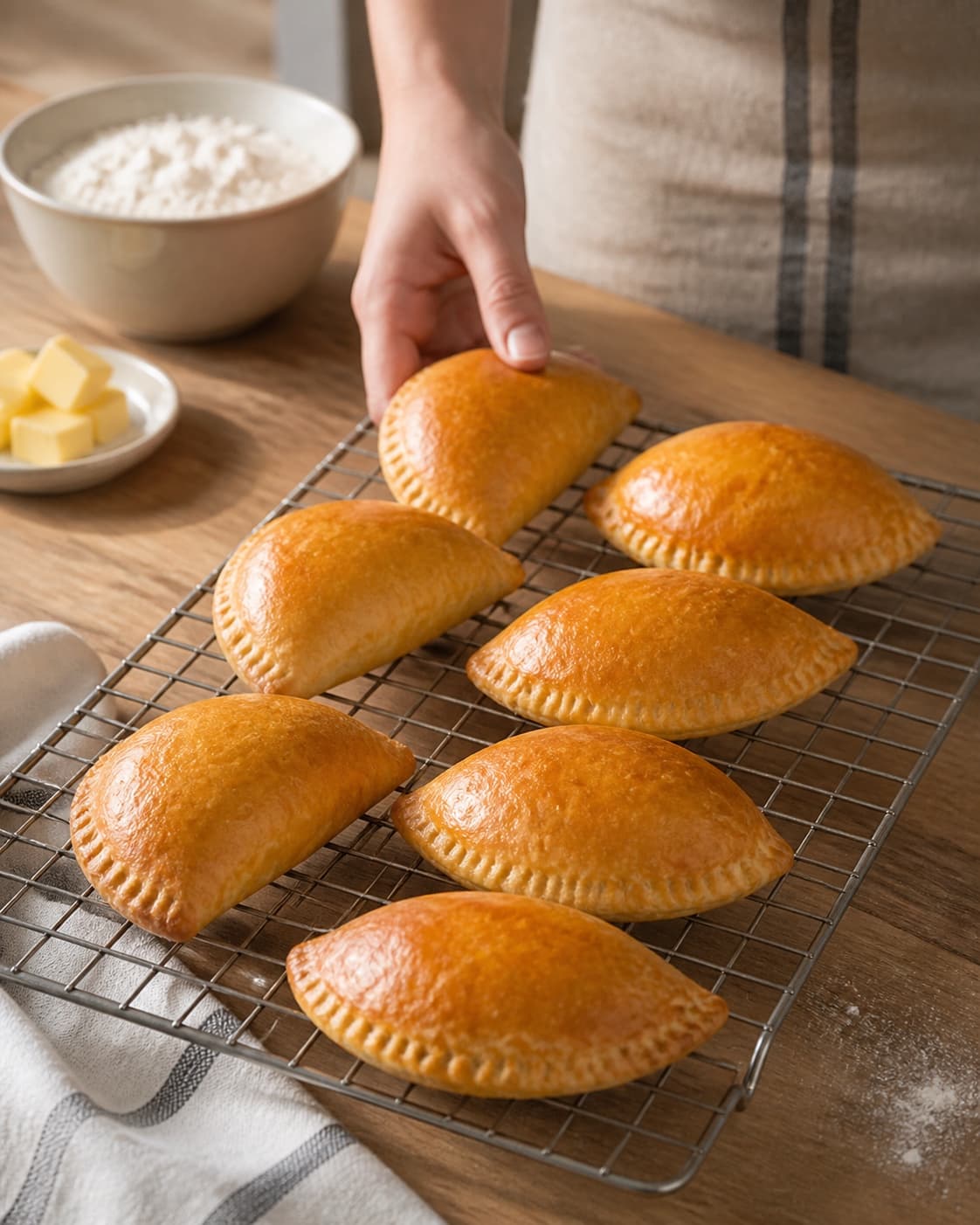One single photorealistic instructional frame of the completed pastries cooling neatly on one rack for Pirogger med oksekød og grøntsager, featuring hvedemel, smør, hakket oksekød, with only the named equipment and no unrelated food, text, logos or packaging under tilberedningen af pirogger med oksekød og grøntsager