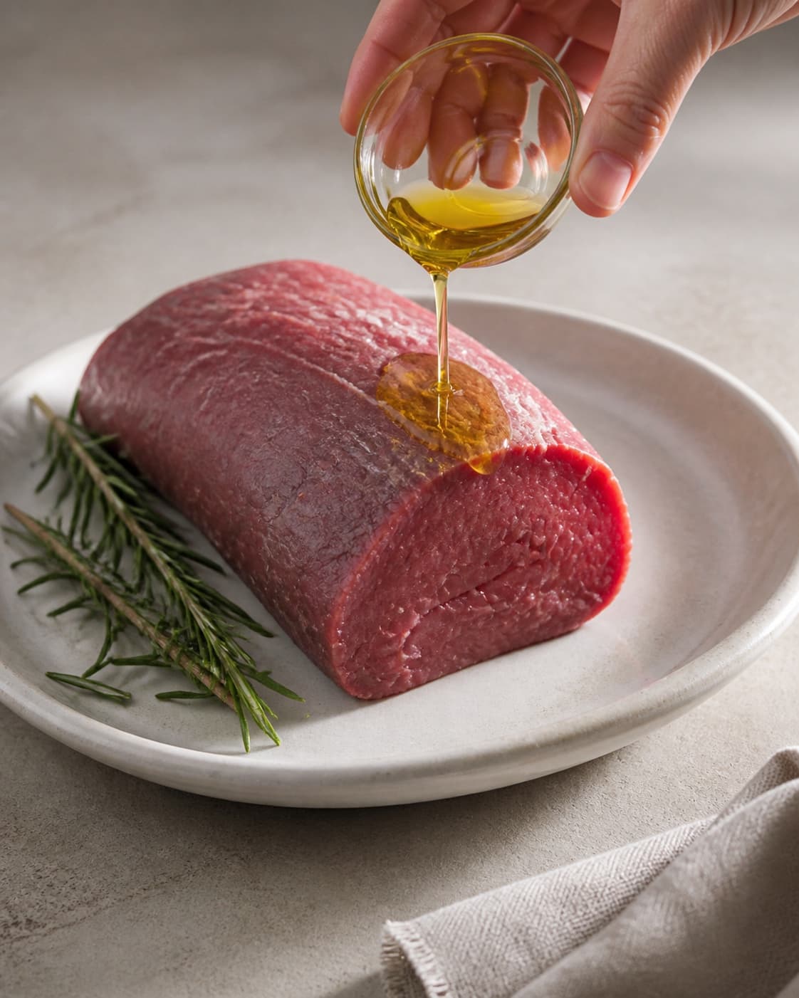 One single photorealistic instructional frame of the main ingredient trimmed cut and dried before roasting for Roastbeef - perfekt tilberedt, featuring roastbeef, olivenolie, frisk rosmarin, with only the named equipment and no unrelated food, text, logos or packaging under tilberedningen af roastbeef - perfekt tilberedt