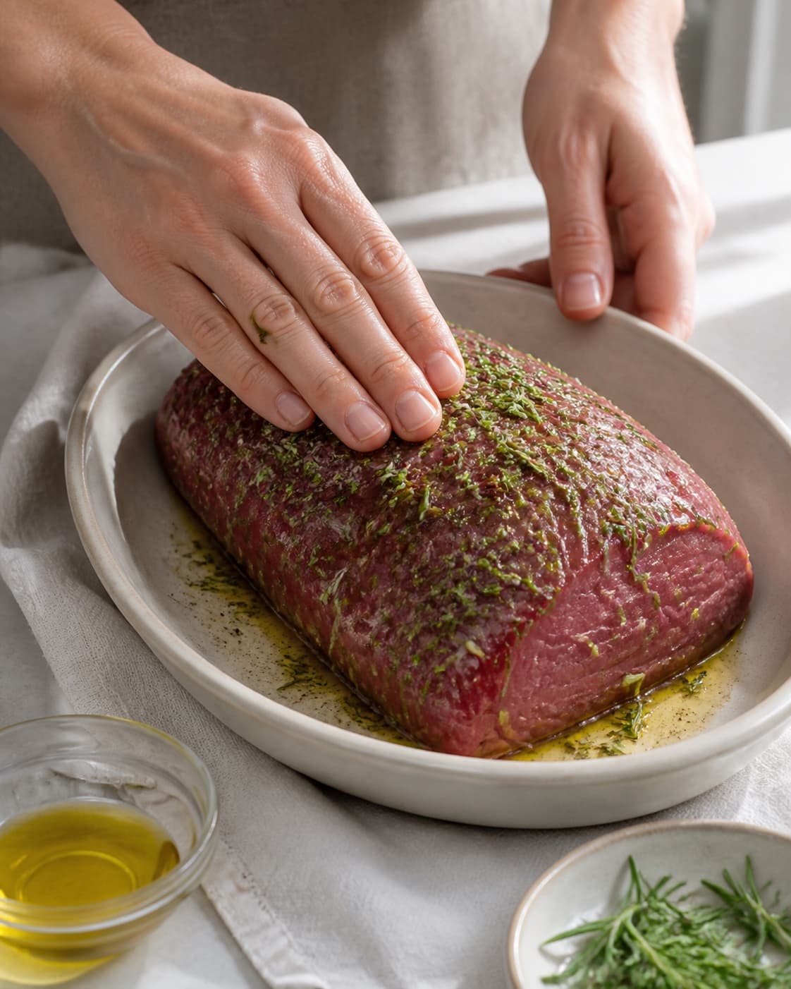 One single photorealistic instructional frame of the main ingredient being evenly coated with seasoning for Roastbeef - perfekt tilberedt, featuring roastbeef, olivenolie, frisk rosmarin, with only the named equipment and no unrelated food, text, logos or packaging under tilberedningen af roastbeef - perfekt tilberedt