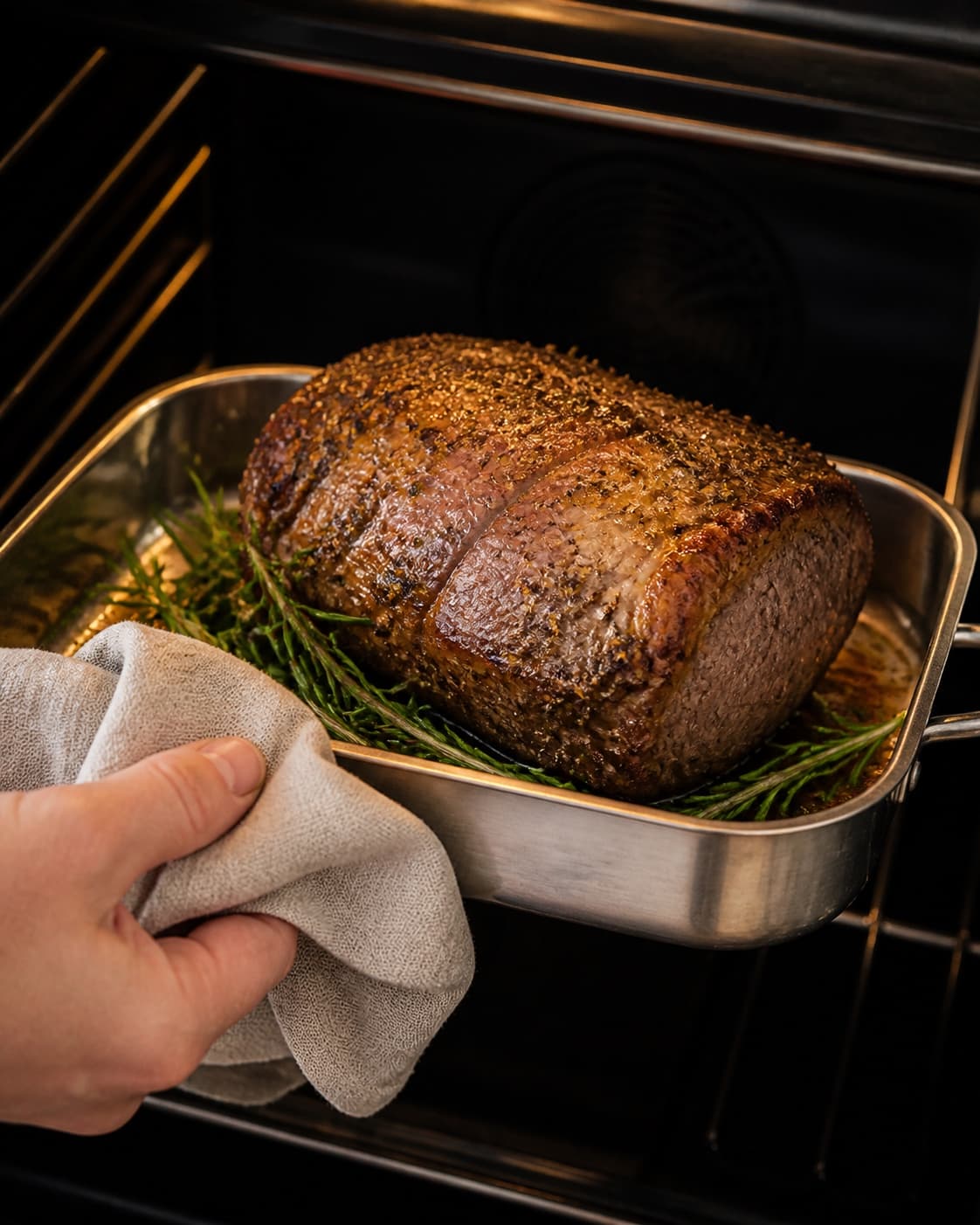 One single photorealistic instructional frame of the seasoned main ingredient roasting until properly cooked for Roastbeef - perfekt tilberedt, featuring roastbeef, olivenolie, frisk rosmarin, with only the named equipment and no unrelated food, text, logos or packaging under tilberedningen af roastbeef - perfekt tilberedt