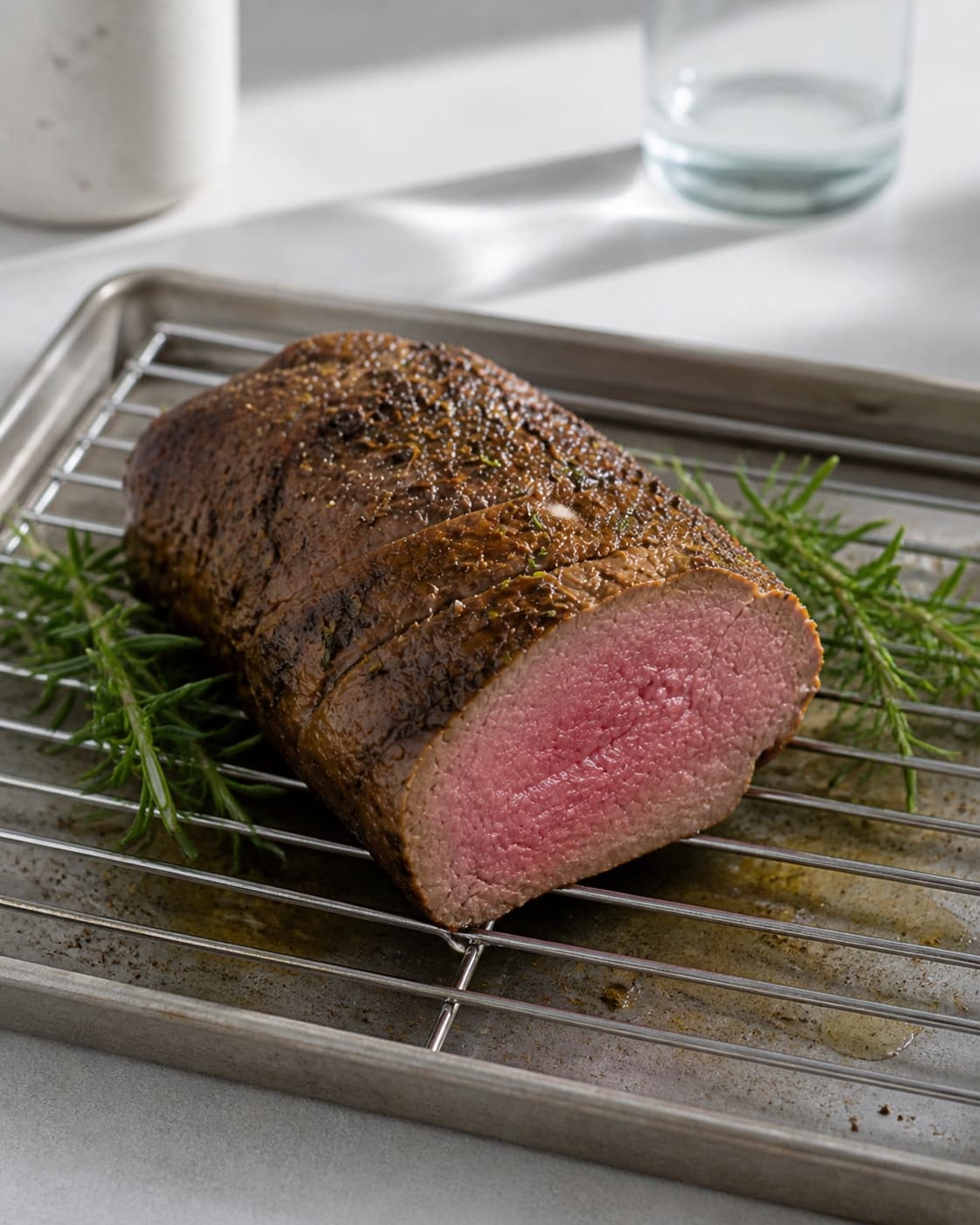 One single photorealistic instructional frame of the cooked ingredient resting uncovered on one rack or platter for Roastbeef - perfekt tilberedt, featuring roastbeef, olivenolie, frisk rosmarin, with only the named equipment and no unrelated food, text, logos or packaging under tilberedningen af roastbeef - perfekt tilberedt