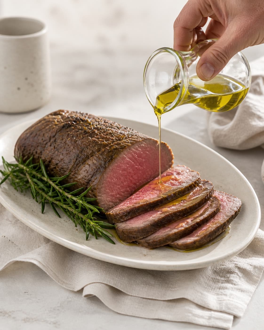 One single photorealistic instructional frame of the finished roasted dish portioned on one serving platter for Roastbeef - perfekt tilberedt, featuring roastbeef, olivenolie, frisk rosmarin, with only the named equipment and no unrelated food, text, logos or packaging under tilberedningen af roastbeef - perfekt tilberedt