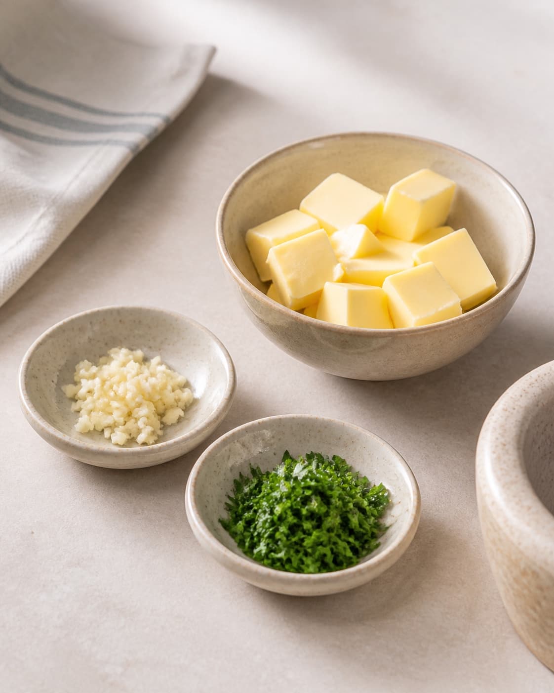 One single photorealistic instructional frame of the dip ingredients measured in separate small bowls for Kryddersmør, featuring smør, hvidløg, frisk persille, with only the named equipment and no unrelated food, text, logos or packaging under tilberedningen af kryddersmør