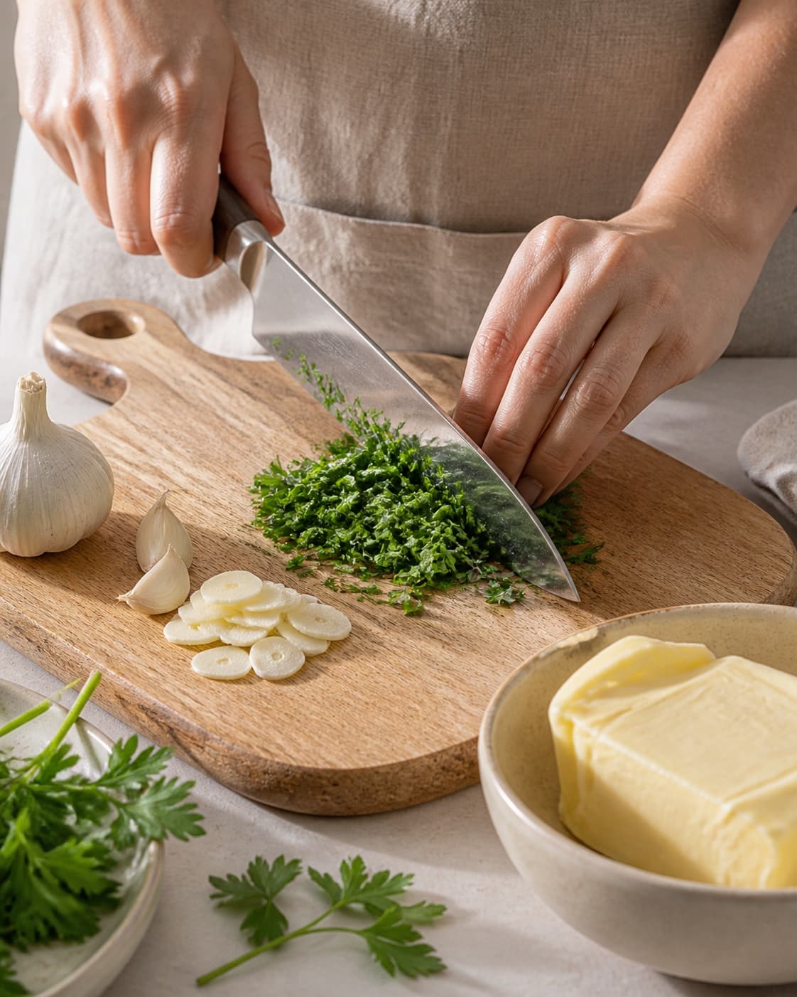 One single photorealistic instructional frame of the recipe-specific flavor elements being prepared for Kryddersmør, featuring smør, hvidløg, frisk persille, with only the named equipment and no unrelated food, text, logos or packaging under tilberedningen af kryddersmør