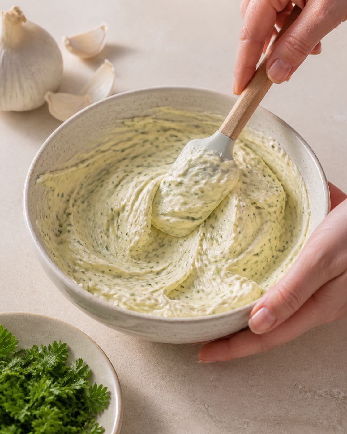 One single photorealistic instructional frame of the dip blending into a smooth cohesive texture for Kryddersmør, featuring smør, hvidløg, frisk persille, with only the named equipment and no unrelated food, text, logos or packaging under tilberedningen af kryddersmør