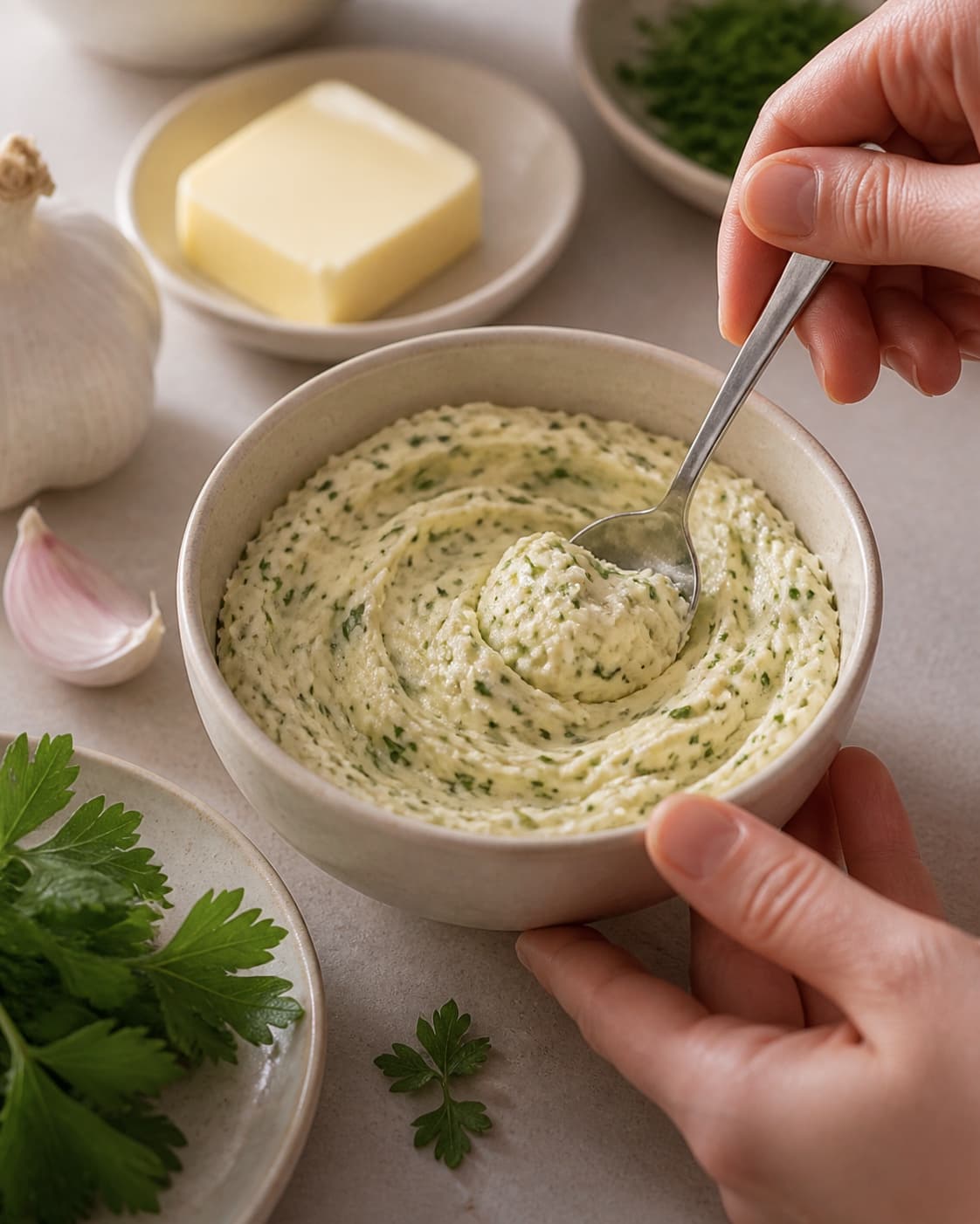 One single photorealistic instructional frame of one bowl of finished dip being tasted and adjusted for Kryddersmør, featuring smør, hvidløg, frisk persille, with only the named equipment and no unrelated food, text, logos or packaging under tilberedningen af kryddersmør