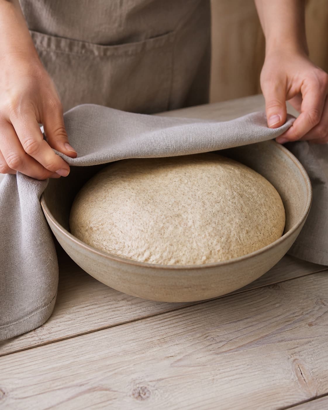One single photorealistic instructional frame of risen pizza dough in one covered bowl for Rugpizza med jordskokker, timian og æg, featuring rugmel, hvedemel, gær, with only the named equipment and no unrelated food, text, logos or packaging under tilberedningen af rugpizza med jordskokker, timian og æg