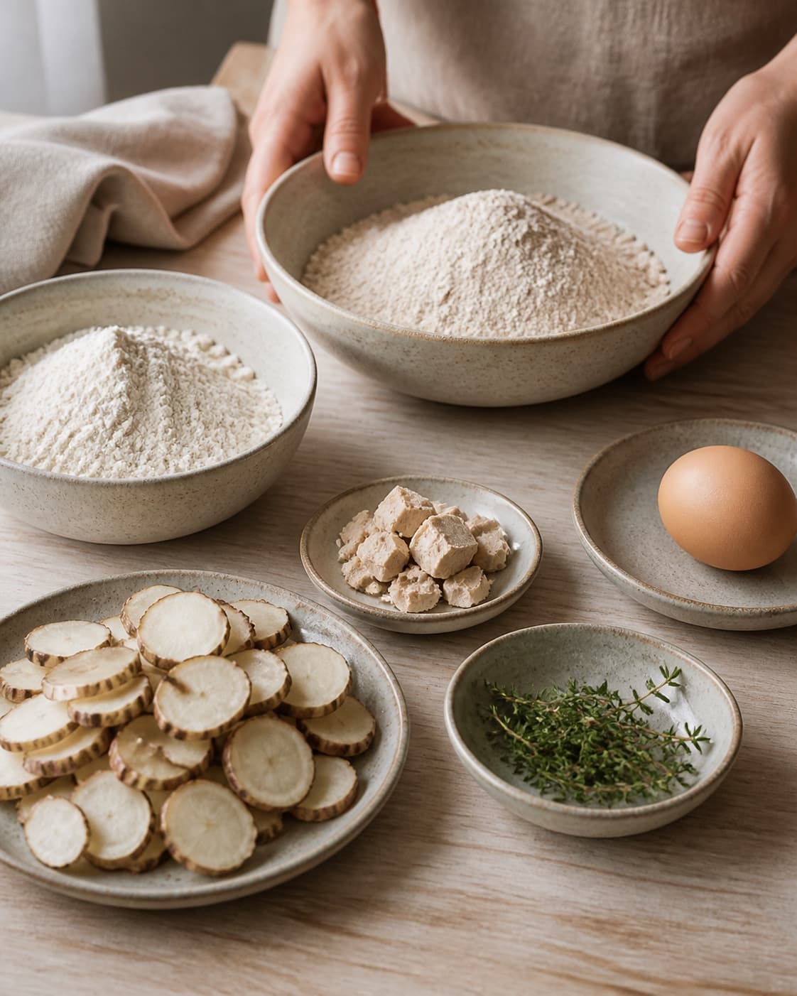 One single photorealistic instructional frame of pizza toppings prepared in separate bowls for Rugpizza med jordskokker, timian og æg, featuring rugmel, hvedemel, gær, with only the named equipment and no unrelated food, text, logos or packaging under tilberedningen af rugpizza med jordskokker, timian og æg
