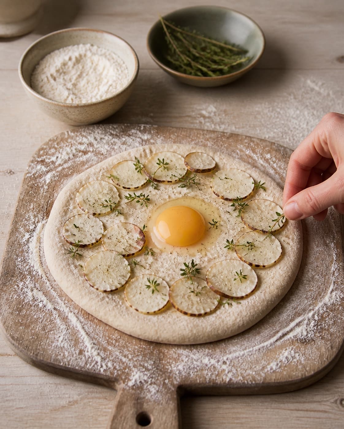 One single photorealistic instructional frame of the raw pizza shaped and topped before baking for Rugpizza med jordskokker, timian og æg, featuring rugmel, hvedemel, gær, with only the named equipment and no unrelated food, text, logos or packaging under tilberedningen af rugpizza med jordskokker, timian og æg