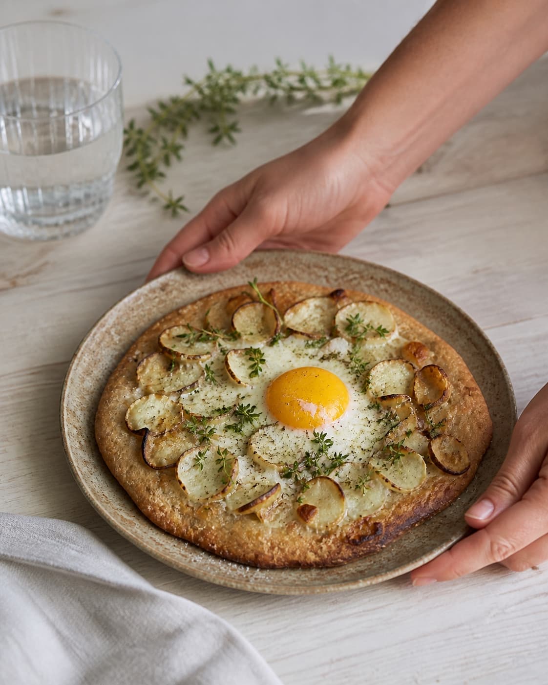 One single photorealistic instructional frame of the finished pizza with a crisp browned crust for Rugpizza med jordskokker, timian og æg, featuring rugmel, hvedemel, gær, with only the named equipment and no unrelated food, text, logos or packaging under tilberedningen af rugpizza med jordskokker, timian og æg