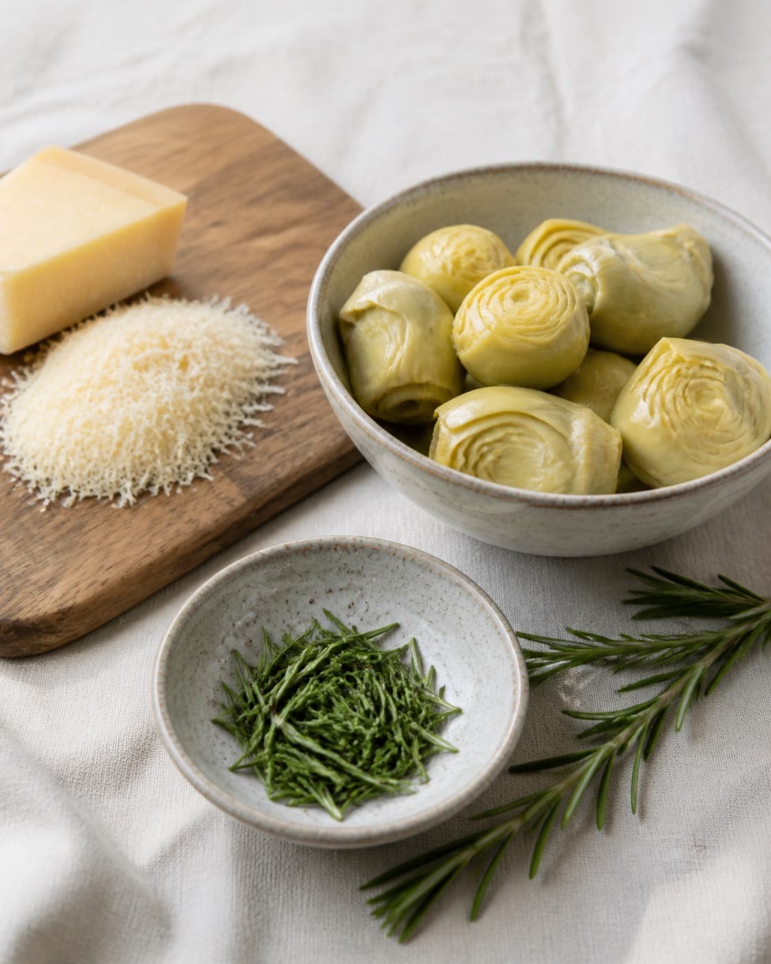 One single photorealistic instructional frame of prepared filling ingredients arranged separately for Gratinerede artiskokker med parmesan og rosmarin, featuring artiskokhjerter, parmesan, frisk rosmarin, with only the named equipment and no unrelated food, text, logos or packaging under tilberedningen af gratinerede artiskokker med parmesan og rosmarin
