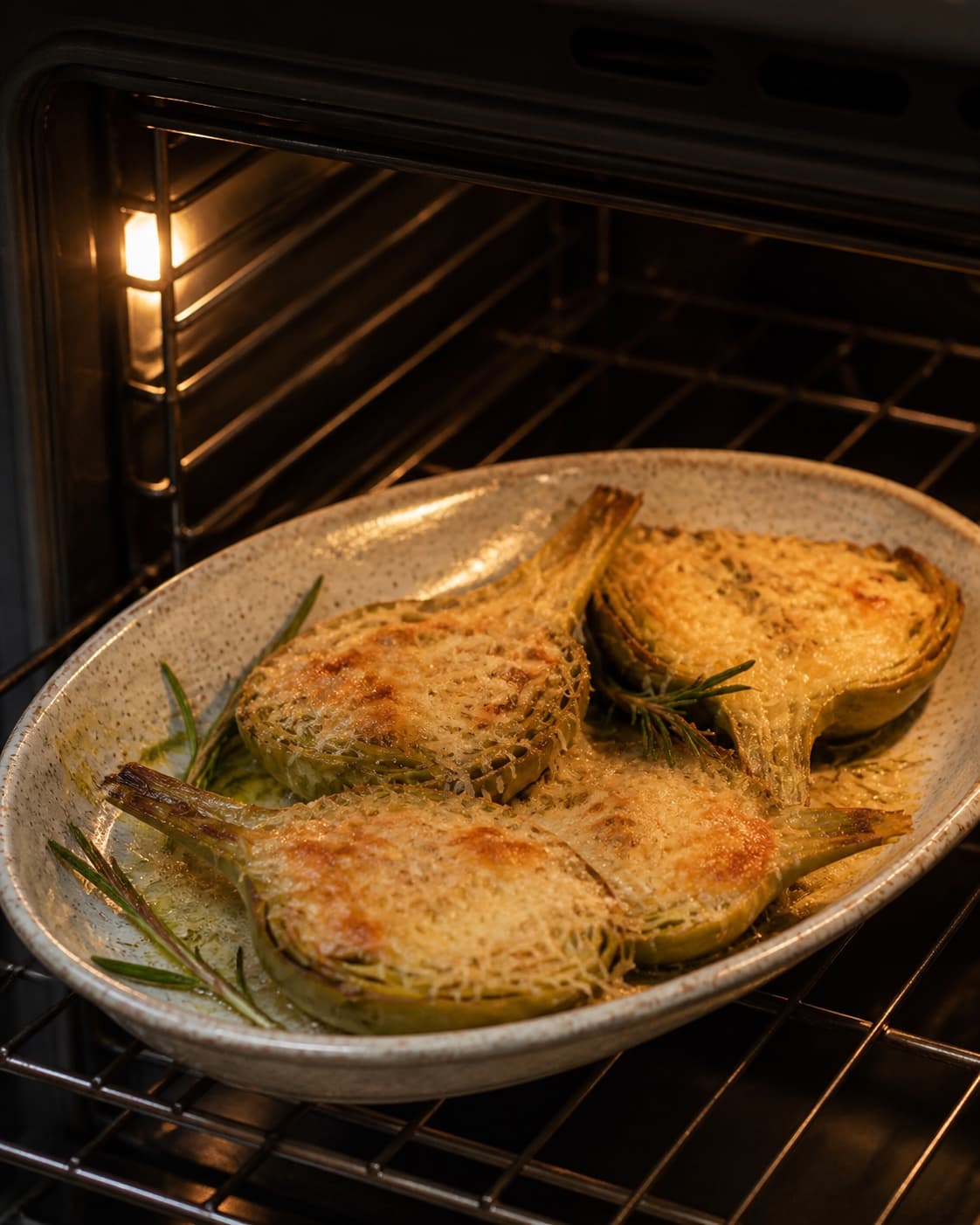 One single photorealistic instructional frame of the casserole bubbling and browning in the oven for Gratinerede artiskokker med parmesan og rosmarin, featuring artiskokhjerter, parmesan, frisk rosmarin, with only the named equipment and no unrelated food, text, logos or packaging under tilberedningen af gratinerede artiskokker med parmesan og rosmarin
