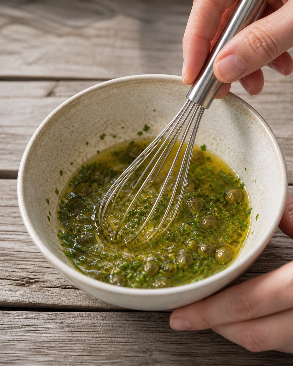 One single photorealistic instructional frame of a glossy dressing being whisked in one small bowl for Løgsalat, featuring rødløg, bredbladet persille, kapers, with only the named equipment and no unrelated food, text, logos or packaging under tilberedningen af løgsalat