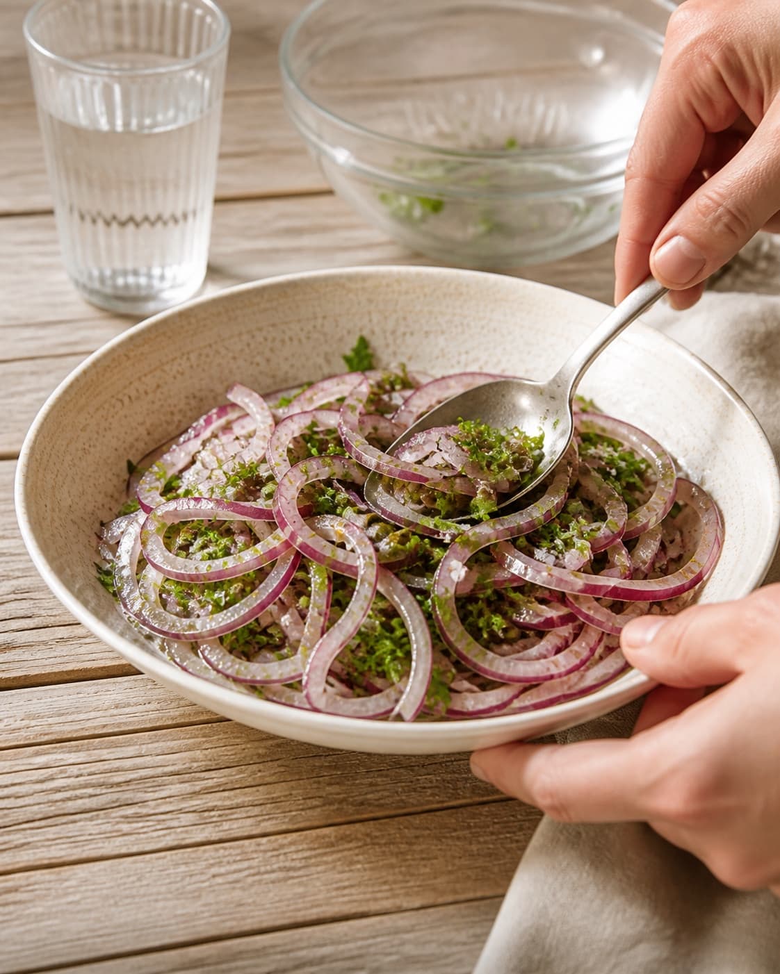 One single photorealistic instructional frame of the finished salad arranged loosely on one serving platter for Løgsalat, featuring rødløg, bredbladet persille, kapers, with only the named equipment and no unrelated food, text, logos or packaging under tilberedningen af løgsalat
