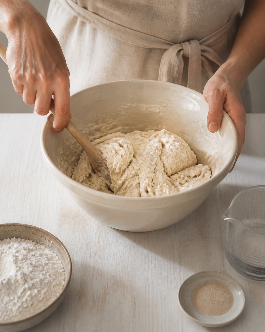 One single photorealistic instructional frame of soft bread dough mixing in one bowl for Snobrød - i 10 skønne varianter, featuring hvedemel, gær, vand, with only the named equipment and no unrelated food, text, logos or packaging under tilberedningen af snobrød - i 10 skønne varianter