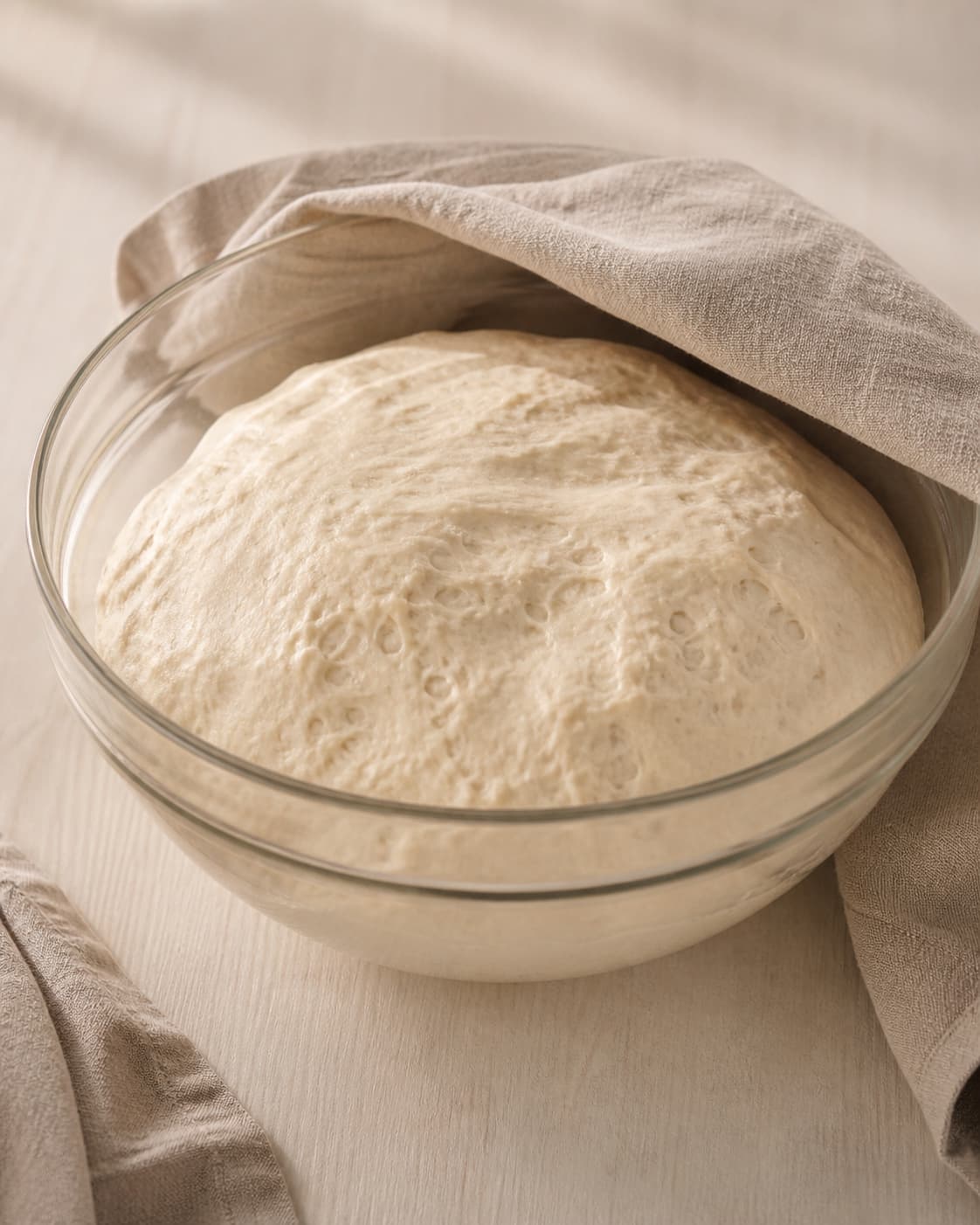 One single photorealistic instructional frame of elastic risen dough in one covered bowl for Snobrød - i 10 skønne varianter, featuring hvedemel, gær, vand, with only the named equipment and no unrelated food, text, logos or packaging under tilberedningen af snobrød - i 10 skønne varianter