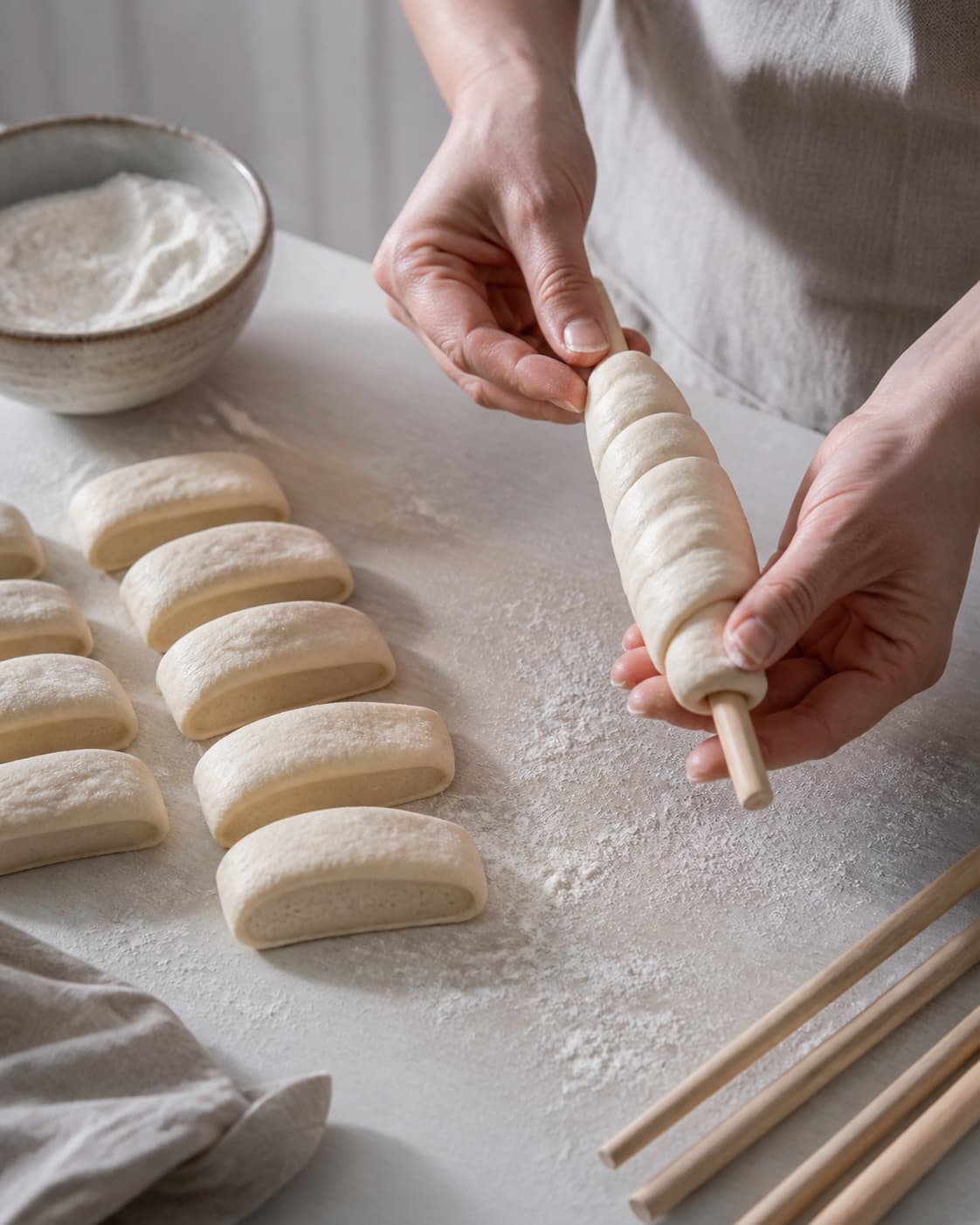 One single photorealistic instructional frame of hands shaping the dough into the recipe-specific form for Snobrød - i 10 skønne varianter, featuring hvedemel, gær, vand, with only the named equipment and no unrelated food, text, logos or packaging under tilberedningen af snobrød - i 10 skønne varianter