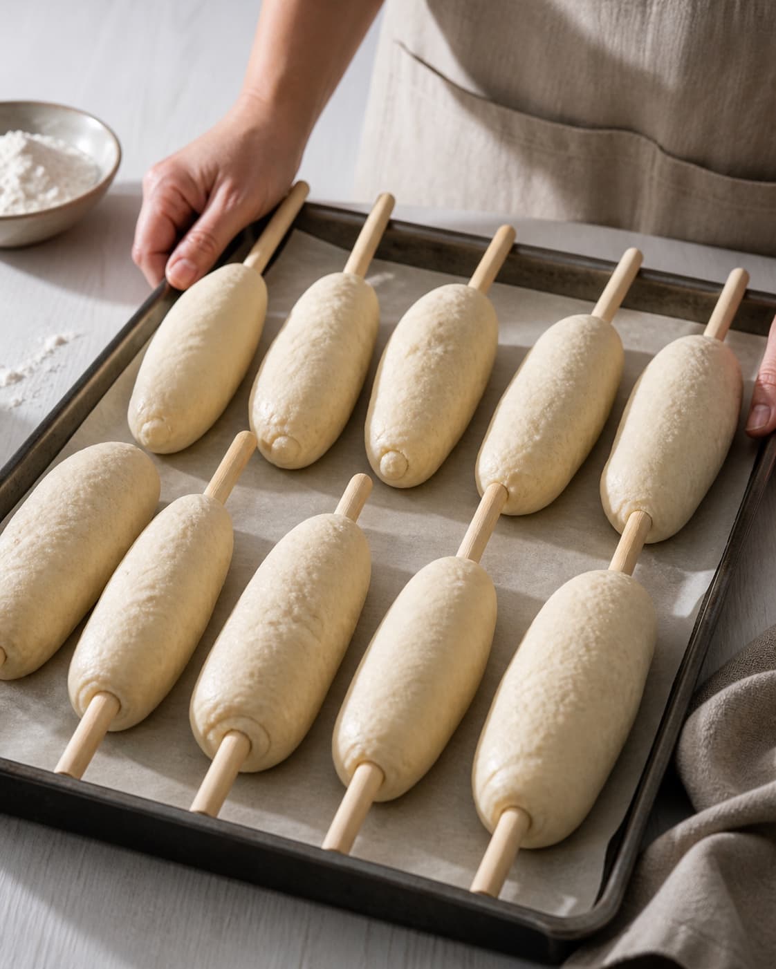 One single photorealistic instructional frame of shaped pale dough pieces visibly risen on one baking tray for Snobrød - i 10 skønne varianter, featuring hvedemel, gær, vand, with only the named equipment and no unrelated food, text, logos or packaging under tilberedningen af snobrød - i 10 skønne varianter