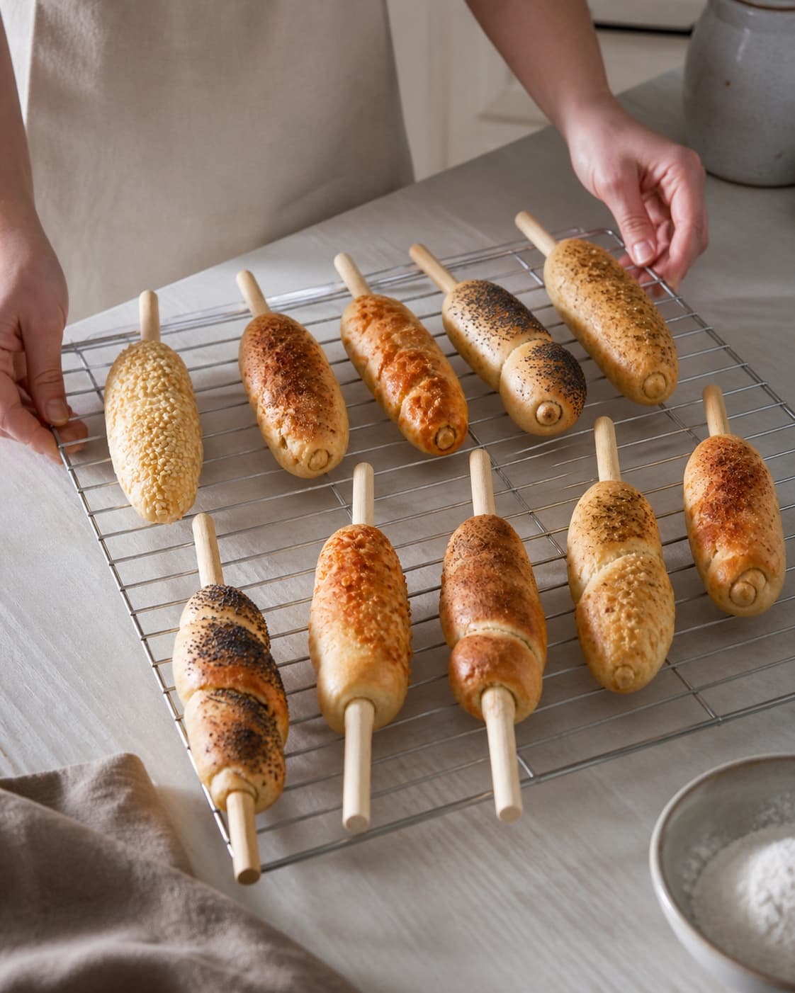 One single photorealistic instructional frame of freshly baked golden bread cooling on one rack for Snobrød - i 10 skønne varianter, featuring hvedemel, gær, vand, with only the named equipment and no unrelated food, text, logos or packaging under tilberedningen af snobrød - i 10 skønne varianter
