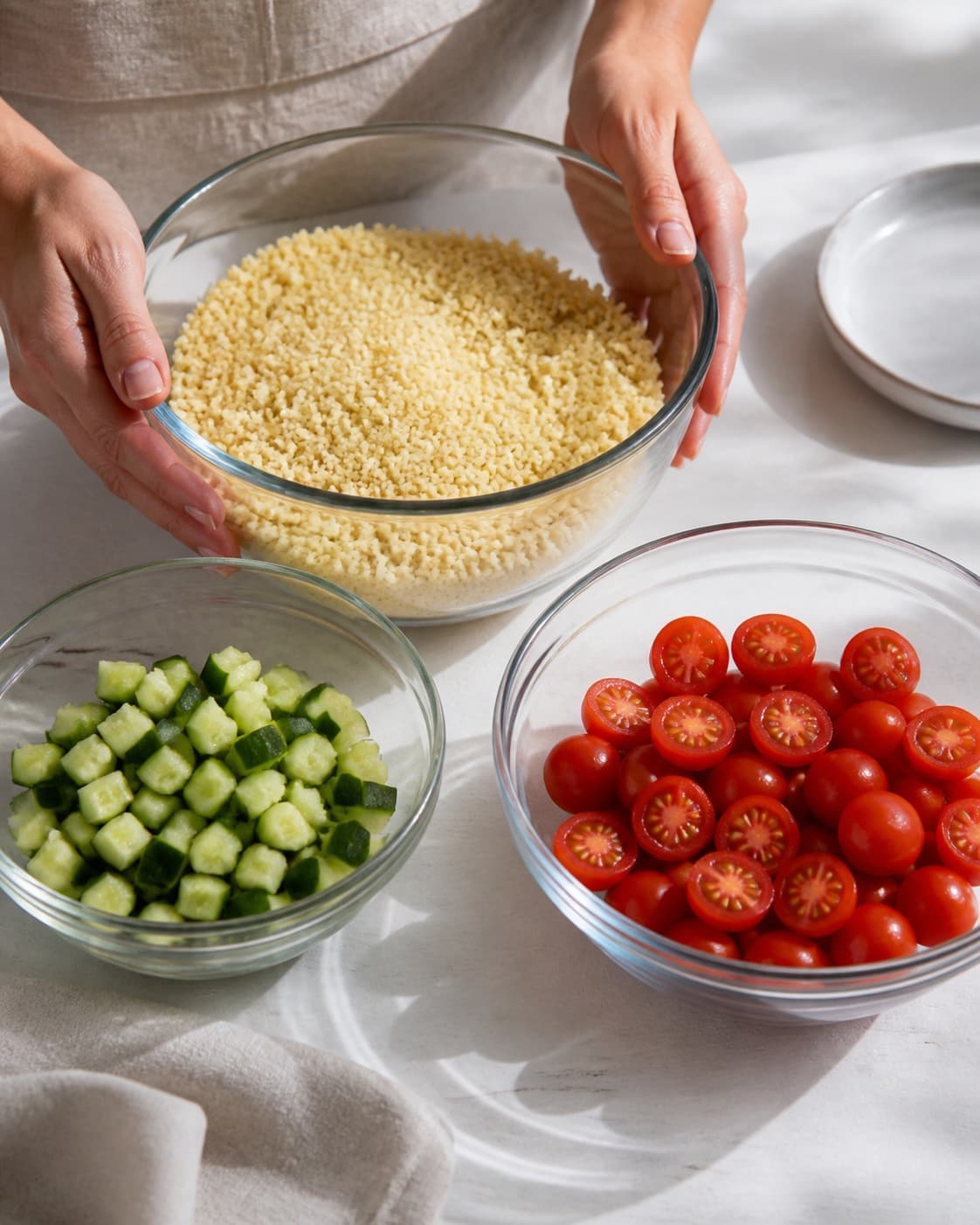 One single photorealistic instructional frame of washed and evenly cut raw ingredients arranged in separate bowls for Couscous salat, featuring couscous, agurk, cherrytomater, with only the named equipment and no unrelated food, text, logos or packaging under tilberedningen af couscous salat