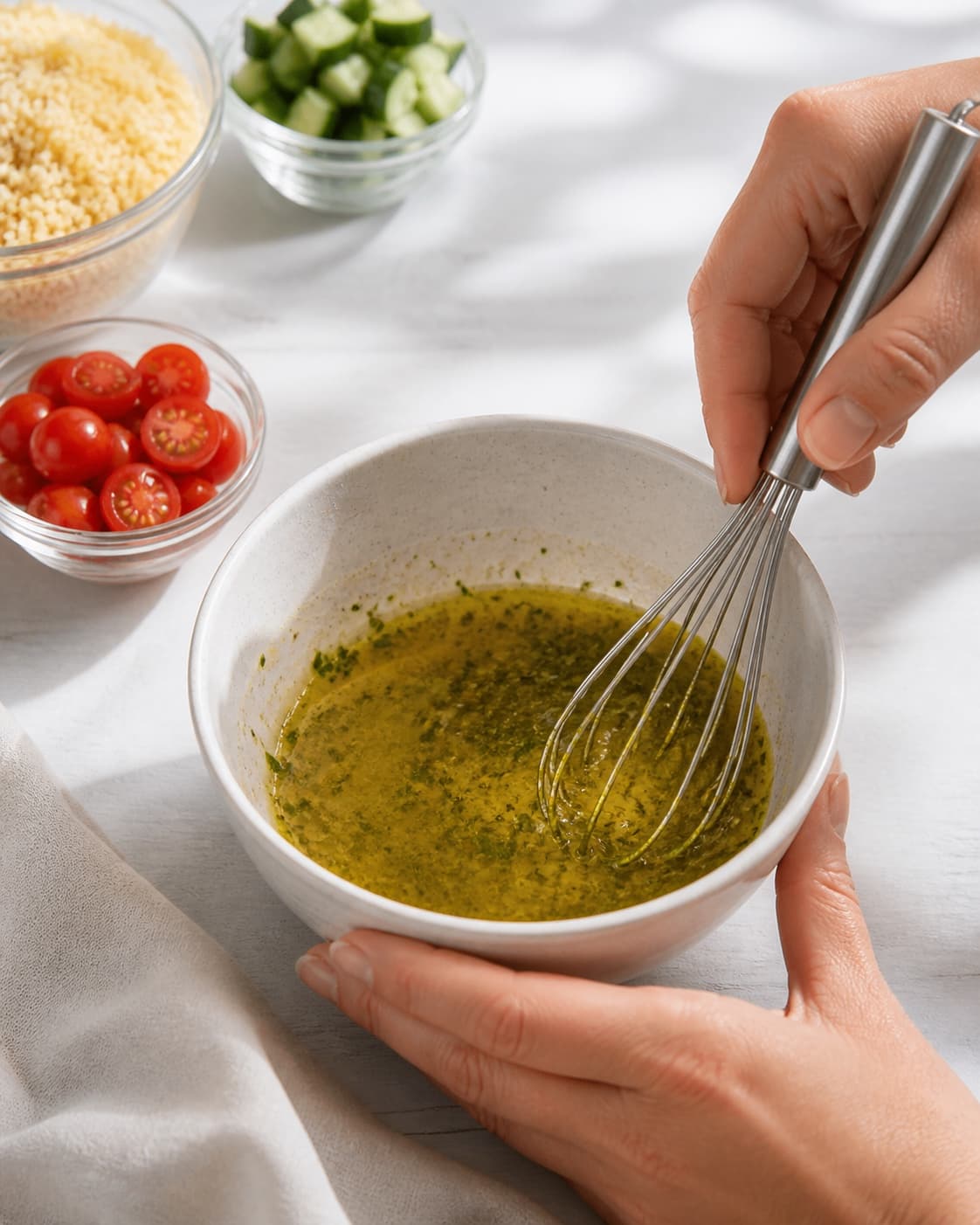One single photorealistic instructional frame of a glossy dressing being whisked in one small bowl for Couscous salat, featuring couscous, agurk, cherrytomater, with only the named equipment and no unrelated food, text, logos or packaging under tilberedningen af couscous salat