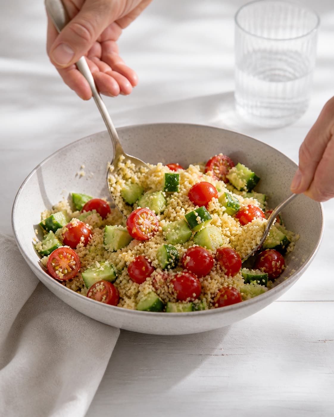 One single photorealistic instructional frame of the prepared salad components being gently tossed together for Couscous salat, featuring couscous, agurk, cherrytomater, with only the named equipment and no unrelated food, text, logos or packaging under tilberedningen af couscous salat