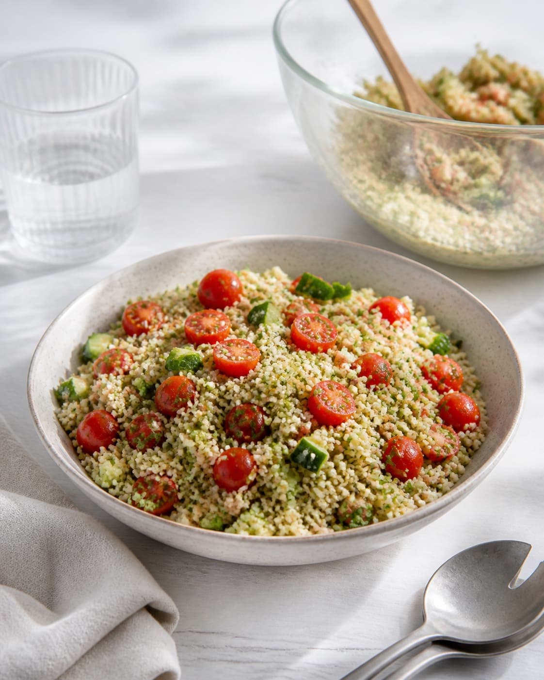 One single photorealistic instructional frame of the finished salad arranged loosely on one serving platter for Couscous salat, featuring couscous, agurk, cherrytomater, with only the named equipment and no unrelated food, text, logos or packaging under tilberedningen af couscous salat