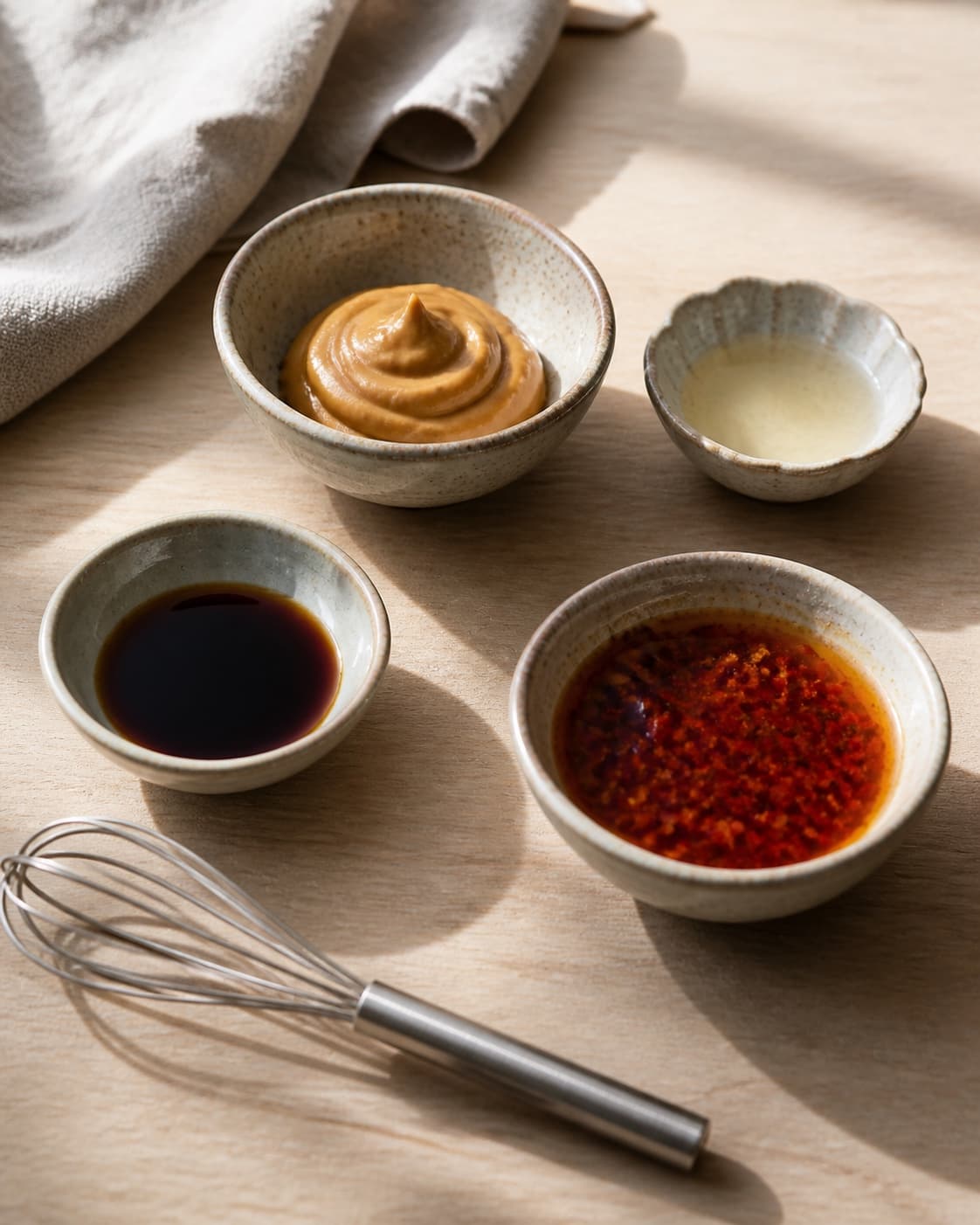 One single photorealistic instructional frame of the dip ingredients measured in separate small bowls for Peanut sauce og sød/sur chili dip, featuring peanutbutter, riseddike, sojasauce, with only the named equipment and no unrelated food, text, logos or packaging under tilberedningen af peanut sauce og sød/sur chili dip