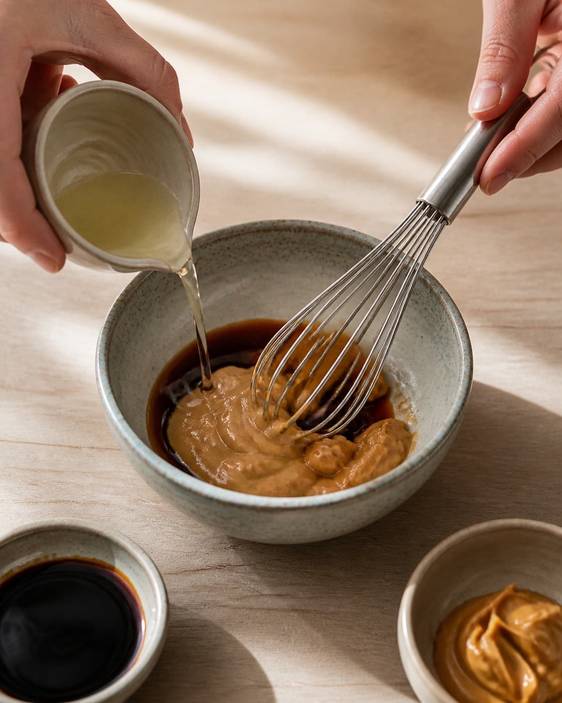 One single photorealistic instructional frame of the recipe-specific flavor elements being prepared for Peanut sauce og sød/sur chili dip, featuring peanutbutter, riseddike, sojasauce, with only the named equipment and no unrelated food, text, logos or packaging under tilberedningen af peanut sauce og sød/sur chili dip
