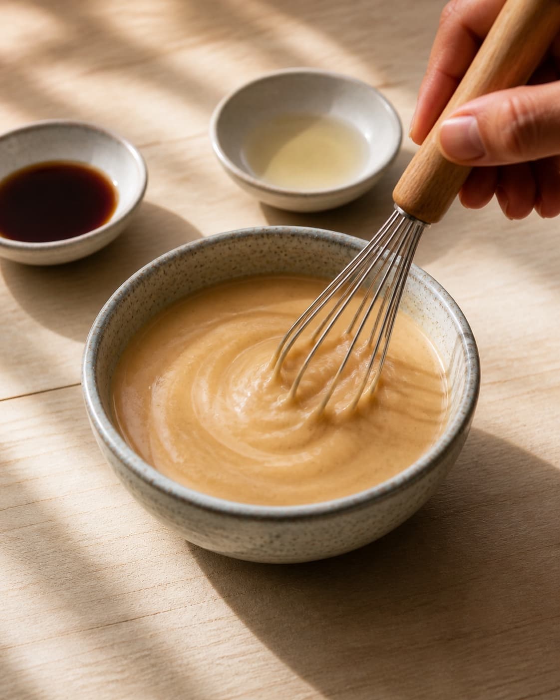 One single photorealistic instructional frame of the dip blending into a smooth cohesive texture for Peanut sauce og sød/sur chili dip, featuring peanutbutter, riseddike, sojasauce, with only the named equipment and no unrelated food, text, logos or packaging under tilberedningen af peanut sauce og sød/sur chili dip