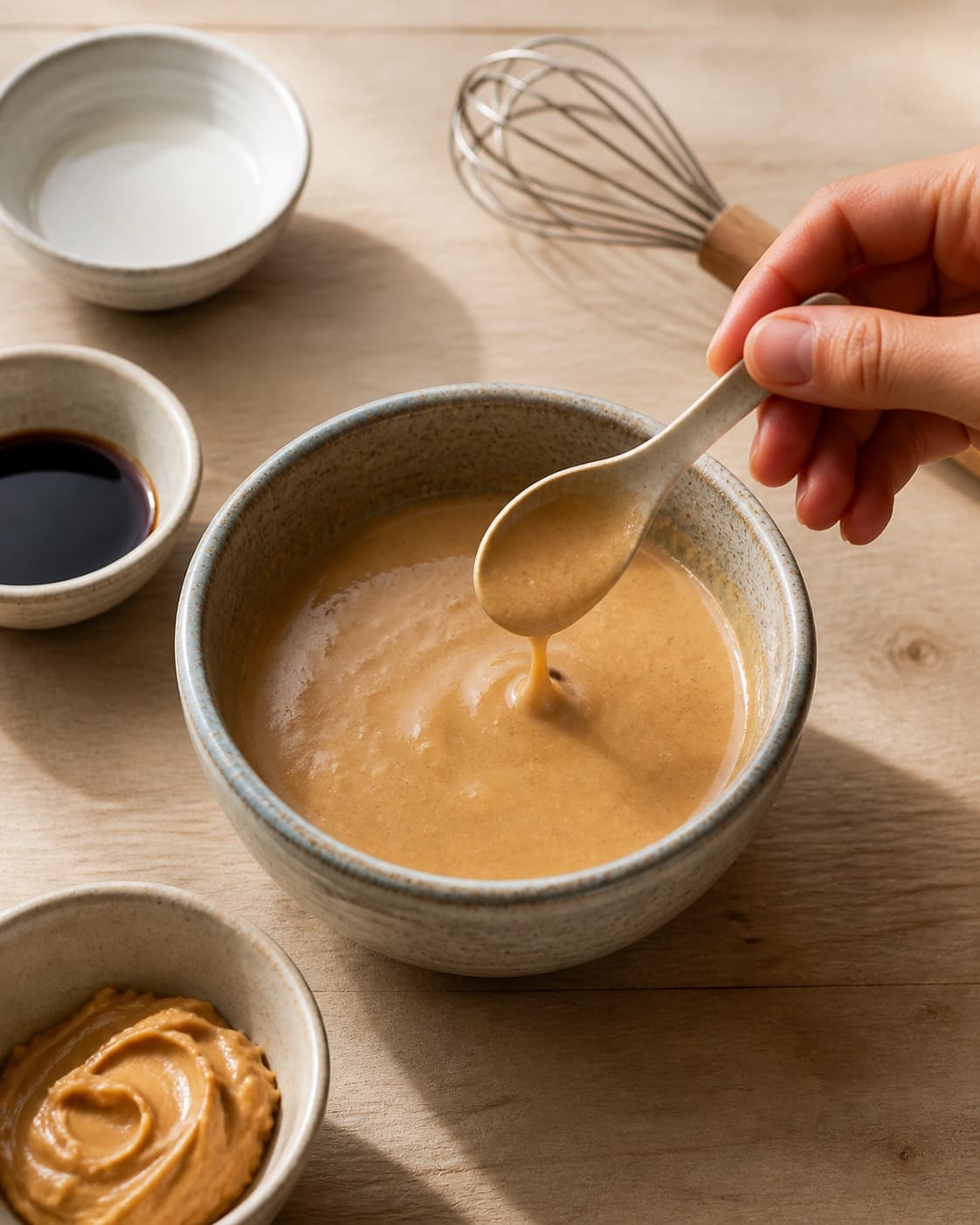One single photorealistic instructional frame of one bowl of finished dip being tasted and adjusted for Peanut sauce og sød/sur chili dip, featuring peanutbutter, riseddike, sojasauce, with only the named equipment and no unrelated food, text, logos or packaging under tilberedningen af peanut sauce og sød/sur chili dip