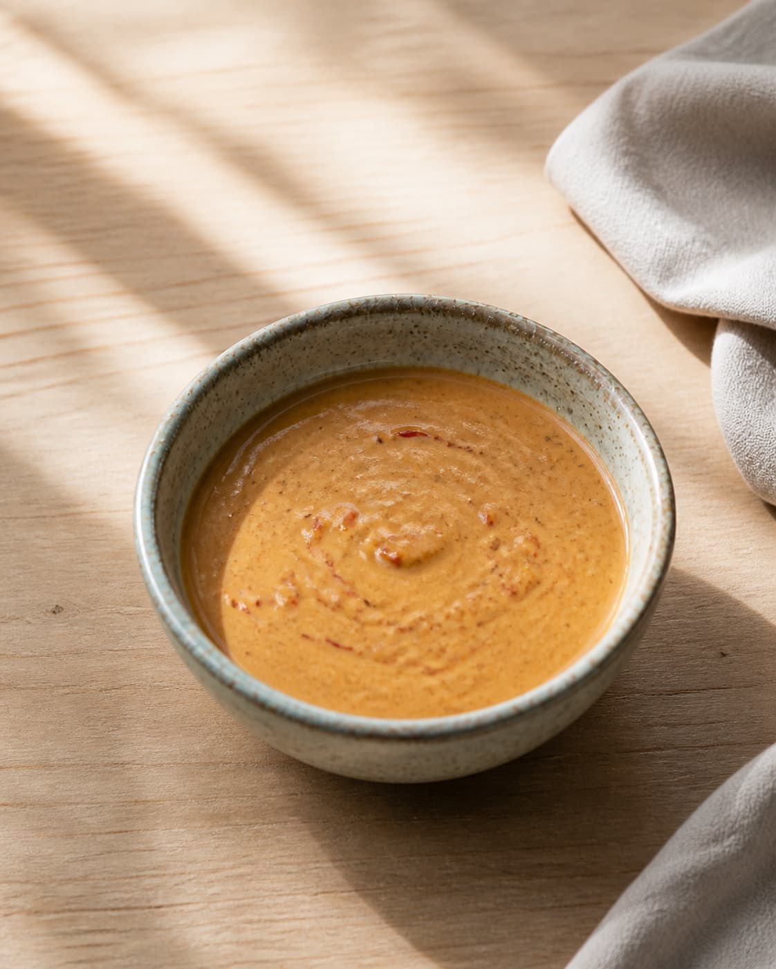One single photorealistic instructional frame of the completed dip in one clean bowl after chilling for Peanut sauce og sød/sur chili dip, featuring peanutbutter, riseddike, sojasauce, with only the named equipment and no unrelated food, text, logos or packaging under tilberedningen af peanut sauce og sød/sur chili dip