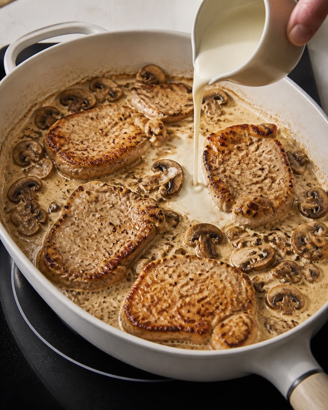 One single photorealistic instructional frame of the savoury filling browning in one skillet for Koteletter og champignon i fad, featuring svinekoteletter, champignon, piskefløde, with only the named equipment and no unrelated food, text, logos or packaging under tilberedningen af koteletter og champignon i fad